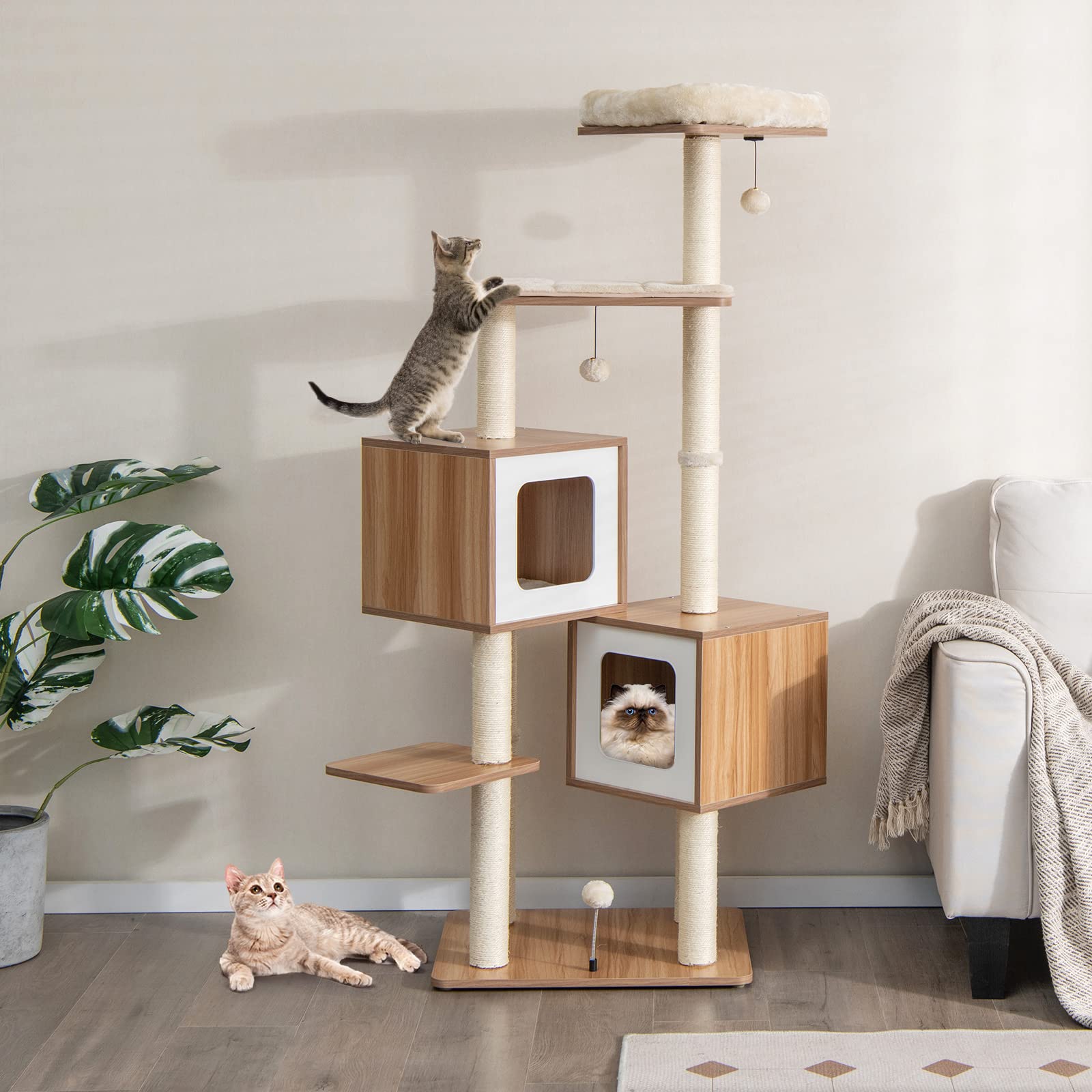 COSTWAY Tiragraffi per Gatti di Legno 163 cm, con Tiragraffi in Sisal, Cuscini Lavabili, Trespolo, 3 Palline e 2 Cuccia, Albero Tiragraffi per Gatti di Piccole e Grandi Dimensioni