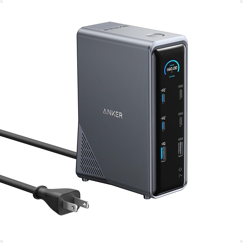 Estación de acoplamiento Anker Prime, estación de acoplamiento para computadora portátil 14 en 1 con monitor dual | HDMI 4K dual, salida máxima de 160 W, transferencia de datos de 10 Gbps, interfaz inteligente, puertos de audio y Ethernet para Dell, HP, Lenovo y más