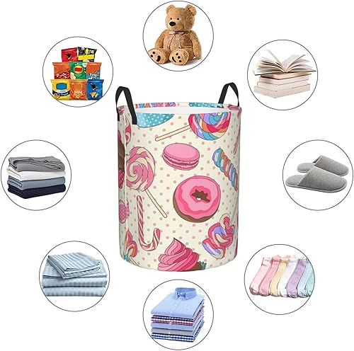 Miniatura 6 de Cesta de almacenamiento circular Protable con estampado de magdalena de piruleta dulce, cesta para ropa sucia con asas, ropa de dormitorio
