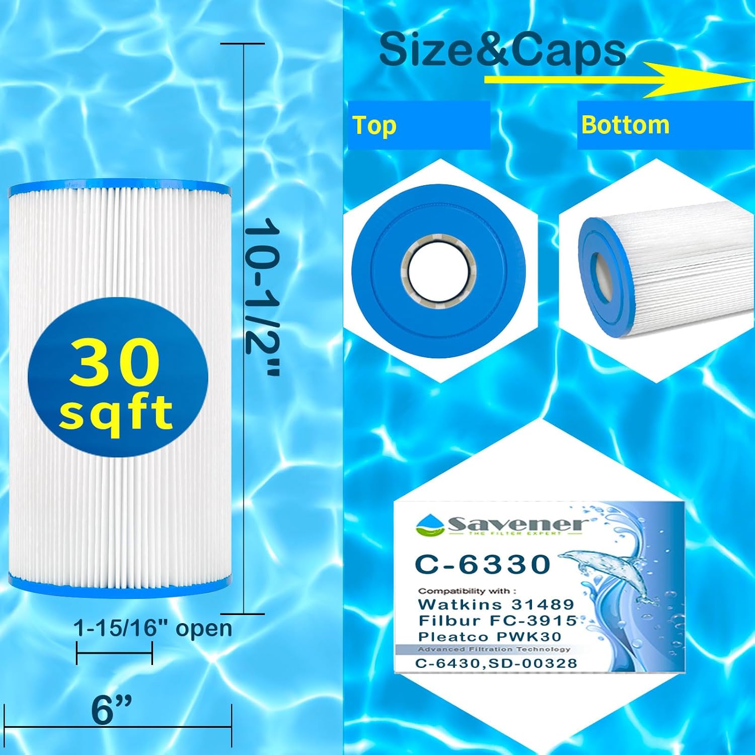 Savener® C-6330 Hot Tub Spa Filter Cartridge, Replaces Watkins 31489, Filbur FC-3915, C-6330, C-6430, Filbur FC-3915, CCP498, AK-5005, 30 Sq. Ft, 2 Pack - Image 2