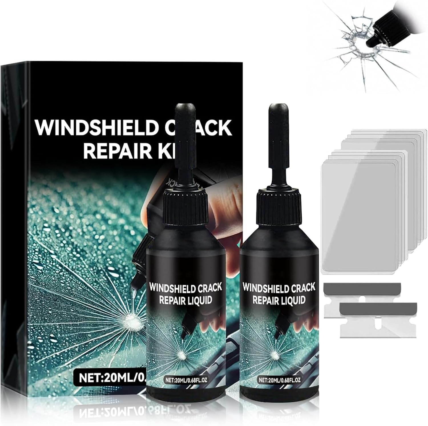 2 Pack Windshield Crack Repair Kit, Automotive Glass Repair Liquid for Car Windshield Chips, Star Cracks and Small Bullseye Damage, DIY Car Window Glass Crack Repair Tool Set