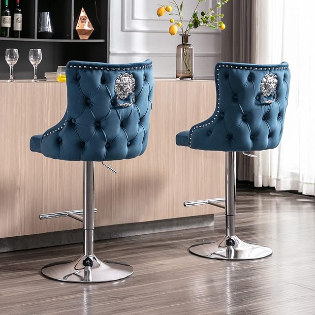 Wahson Velvet Bar Stools Set of 2 Counter Chairs with Backrest Breakfast Bar Stools for Kitchen Island, Swivel Bar Chairs High Stools Height Adjustable, Blue