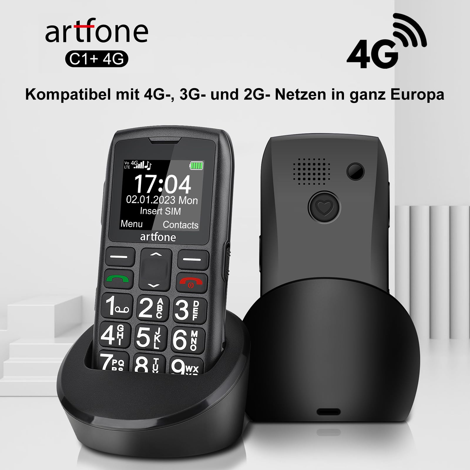 artfone C1+ 4G Seniorenhandy ohne Vertrag | SOS Notruftaste, Ladestation, Lautsprecher, Kurzwahl, Bluetooth, USB-C | Einfaches, Robustes Handy mit Zeitansage | Deutsches Menü | Große Tasten & Schrift
