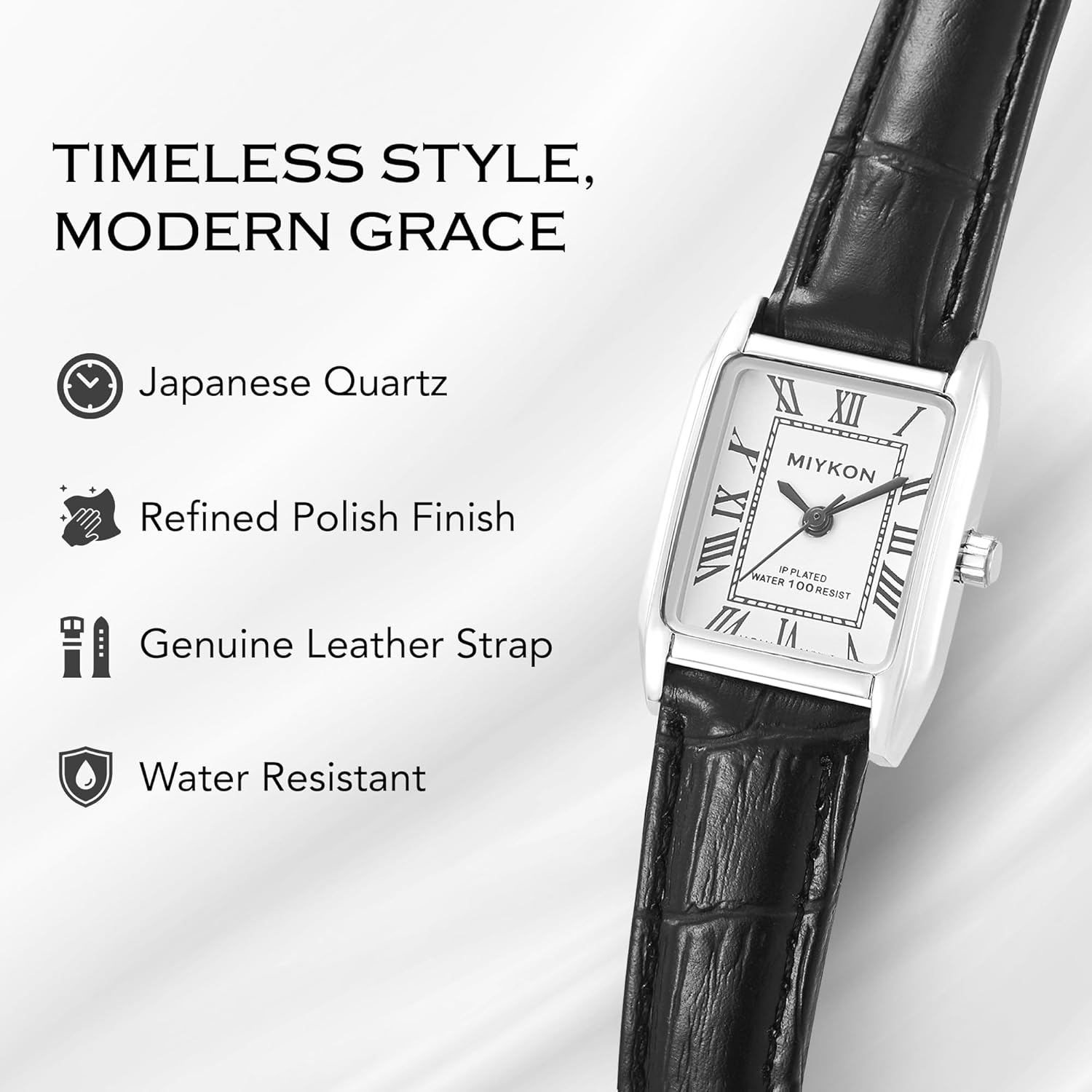 Miykon Silver Vintage Watches for Women - Small Dainty Tank, Square Womens Watch with Black Genuine Leather Strap - Second Hand, Japanese Quartz, Waterproof to 100ft - Image 9