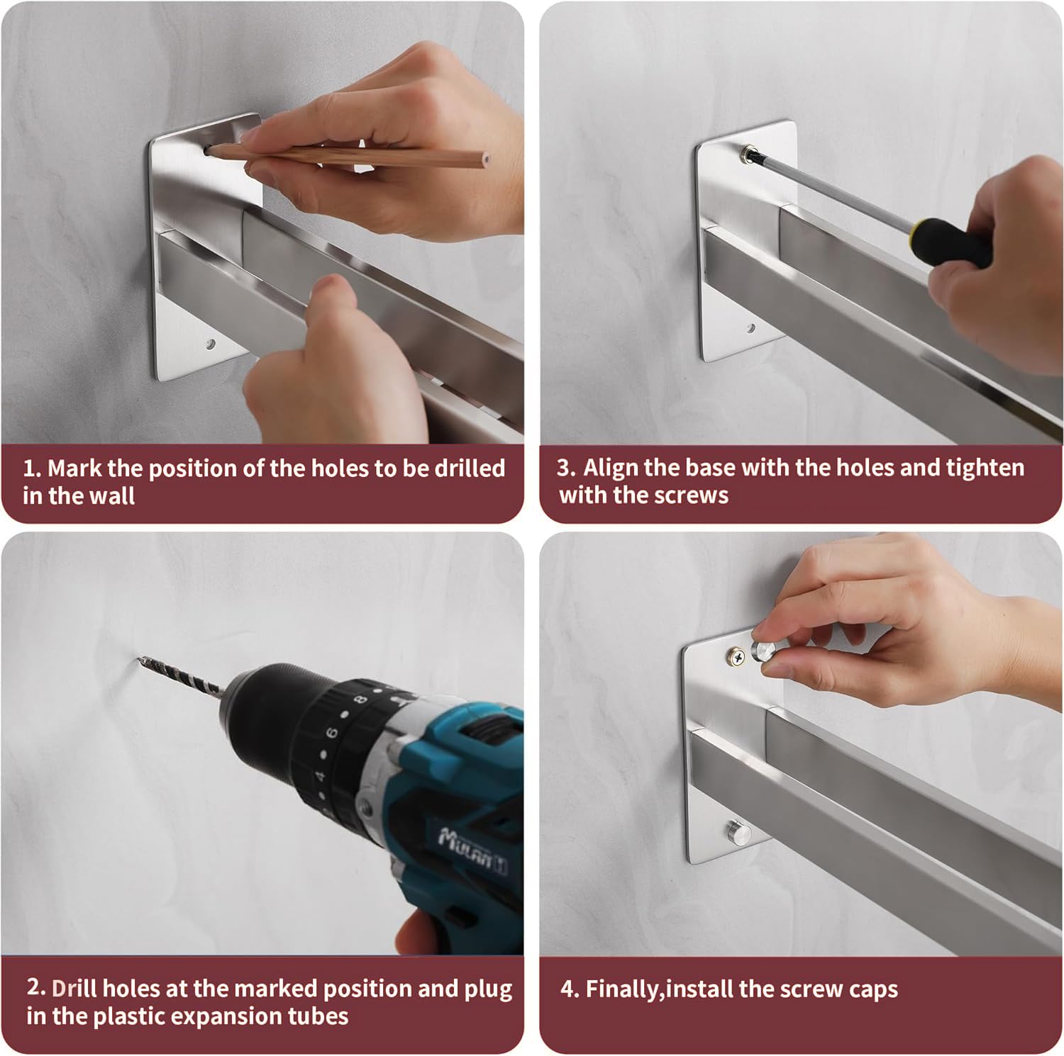 Porta Asciugamani Bagno,SUS304 Appendi Asciugamani Bagno,Porta Asciugamani Bagno da Parete 40cm,Due Metodi di Installazione, Adesivo/Perforato, per Bagni, Cucine