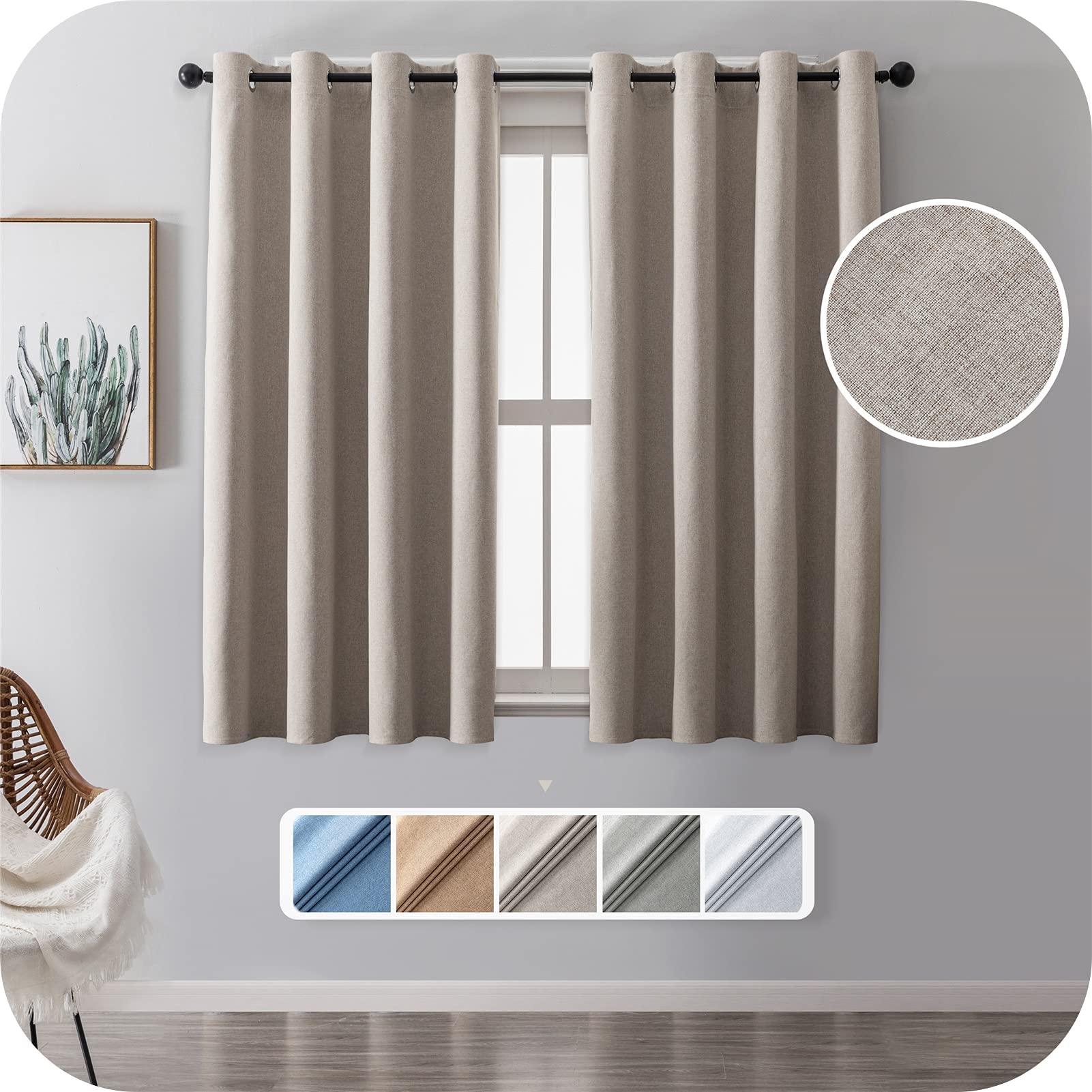 MRTREESEyelet Curtains Bedroom 100% Blackout 72 Drop Beige Short Thermal Curtain 2 Panels Linen Look Living Room Curtains Noise Reducing for Kids Bedroom 66x72 Inch 167x183cm