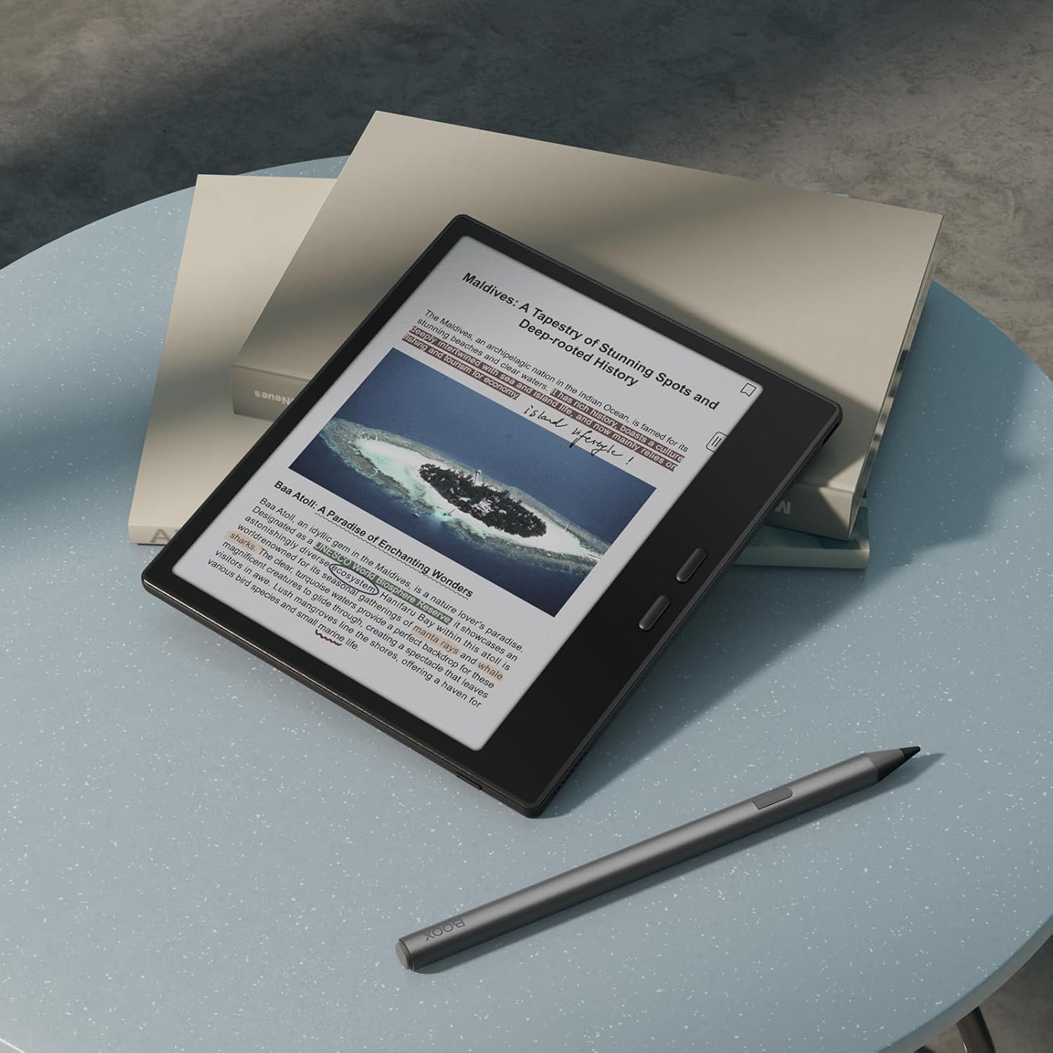 BOOX Go Color 7 (Gen 2) E-Paper Tablet with a stylus resting on a table, displaying a document with handwritten annotations