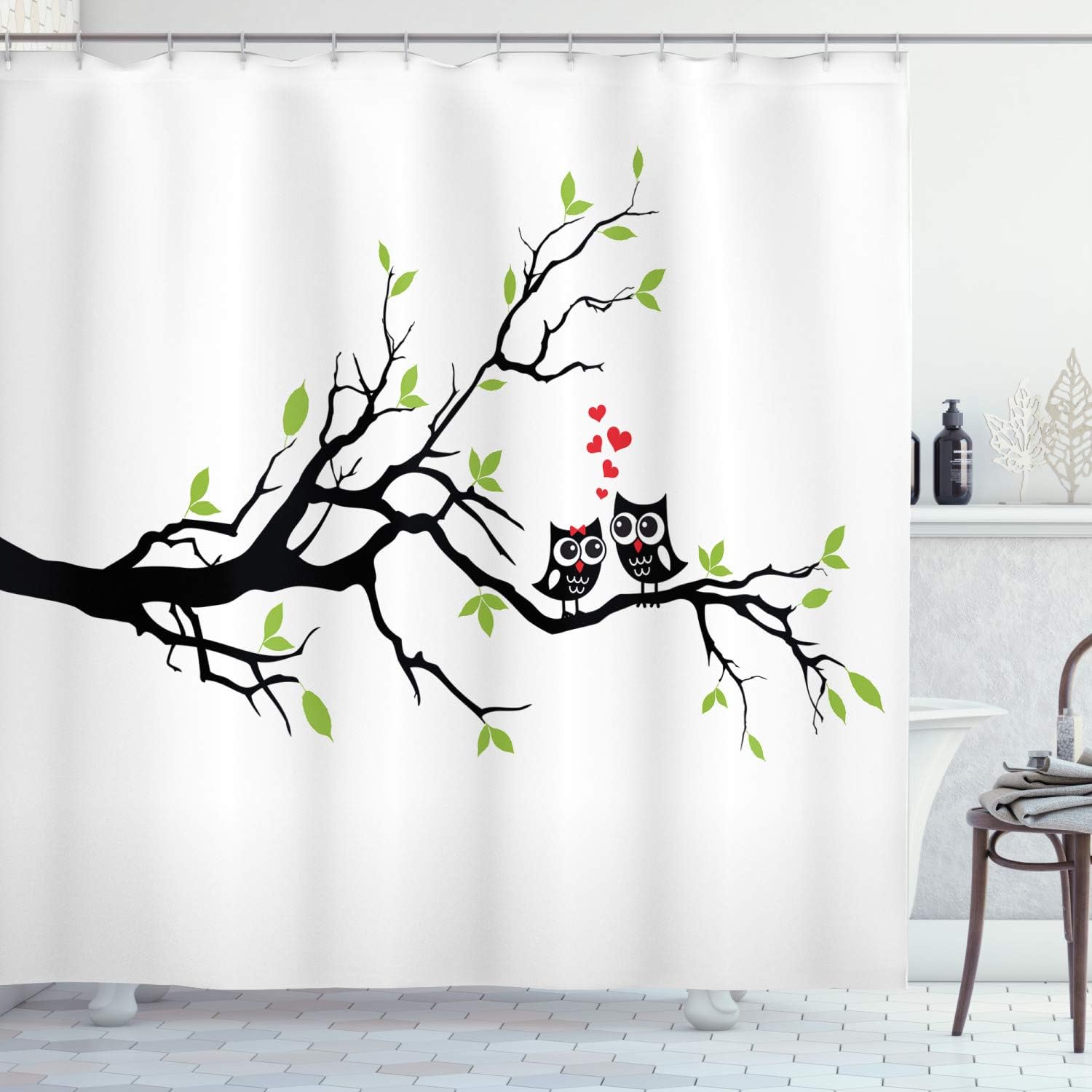 Ambesonne Owls Shower Curtain, Owls in Love Sitting on a Branch Leaf Leaves Hearts Romance Themed Artwork, Cloth Fabric Bathroom Decor Set with Hooks, 69" W x 75" L, Green Apple