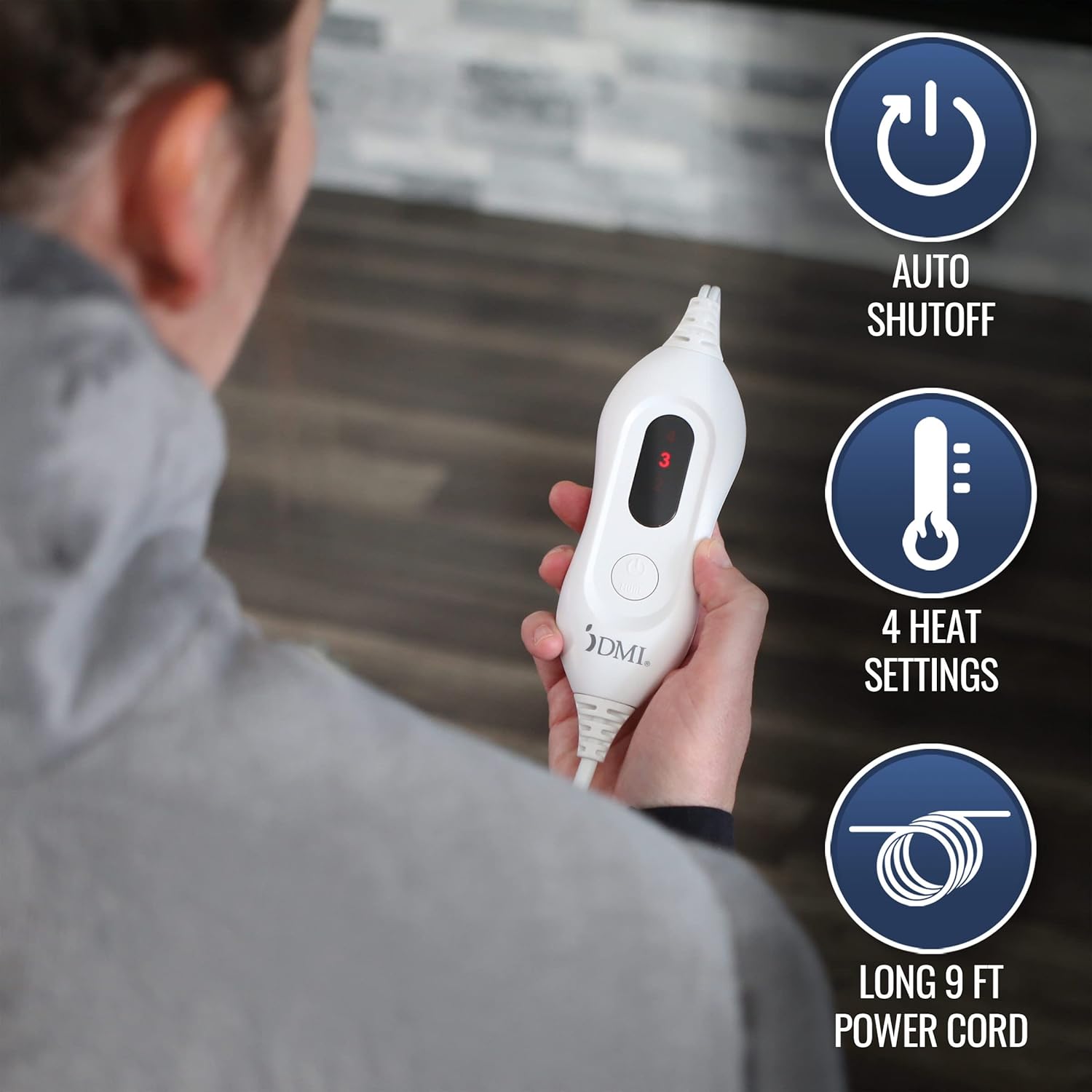 DMI Plush Micro-Fleece Weighted Heating Pad for Neck, Shoulders & Back - 4 Heat Settings, Auto Shut-Off, 9' Cord, Gray, Large