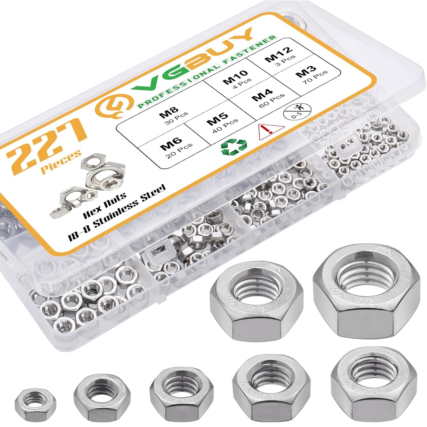 VGBUY 227pcs Metric Hex Nuts Assortment Kit M3 M4 M5 M6 M8 M10 M12,304 Stainless Steel 18-8 External Hex nut Set Hex Machine Screw Nuts Hardware Nuts