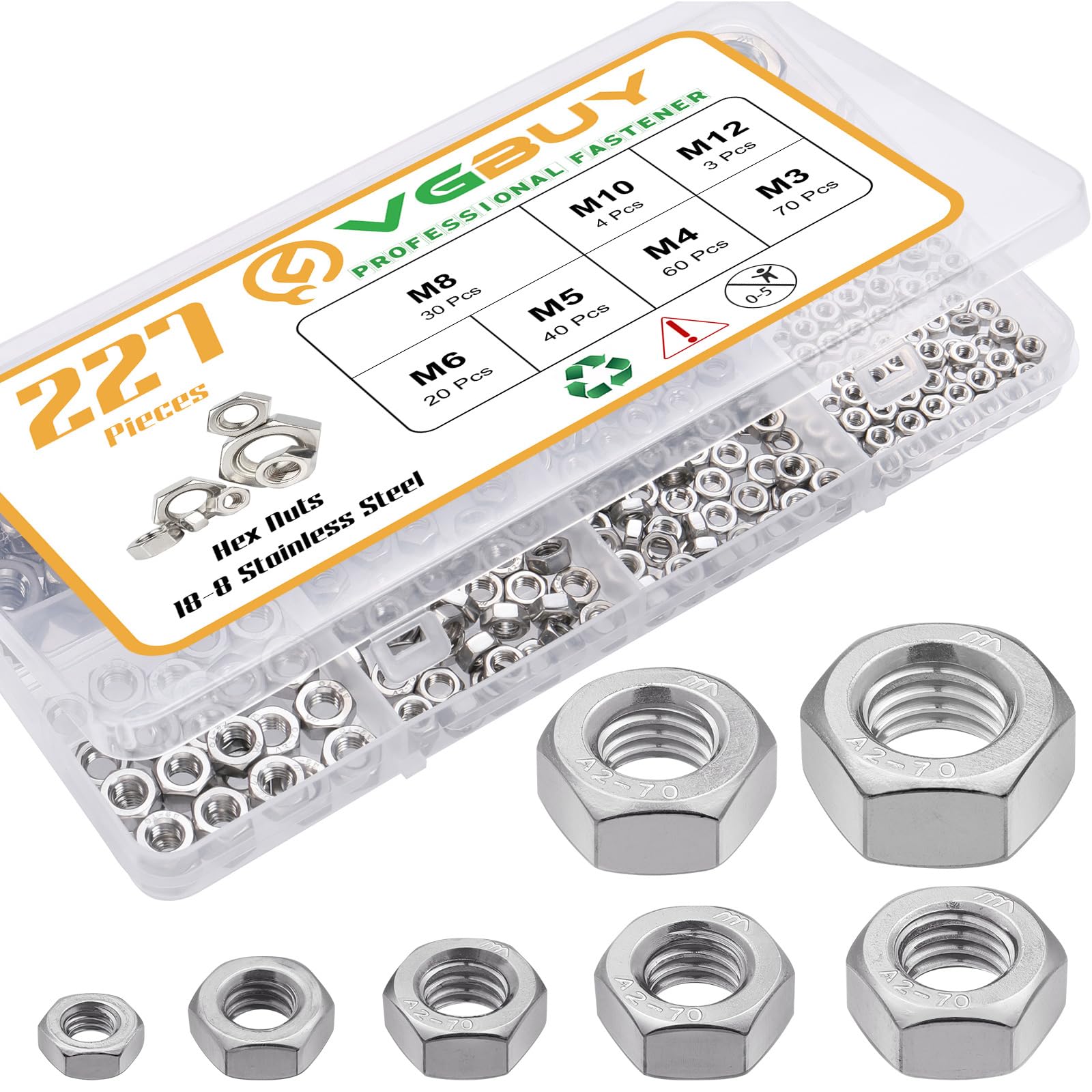 VGBUY 227pcs Metric Hex Nuts Assortment Kit M3 M4 M5 M6 M8 M10 M12,304 Stainless Steel 18-8 External Hex nut Set Hex Machine Screw Nuts Hardware Nuts