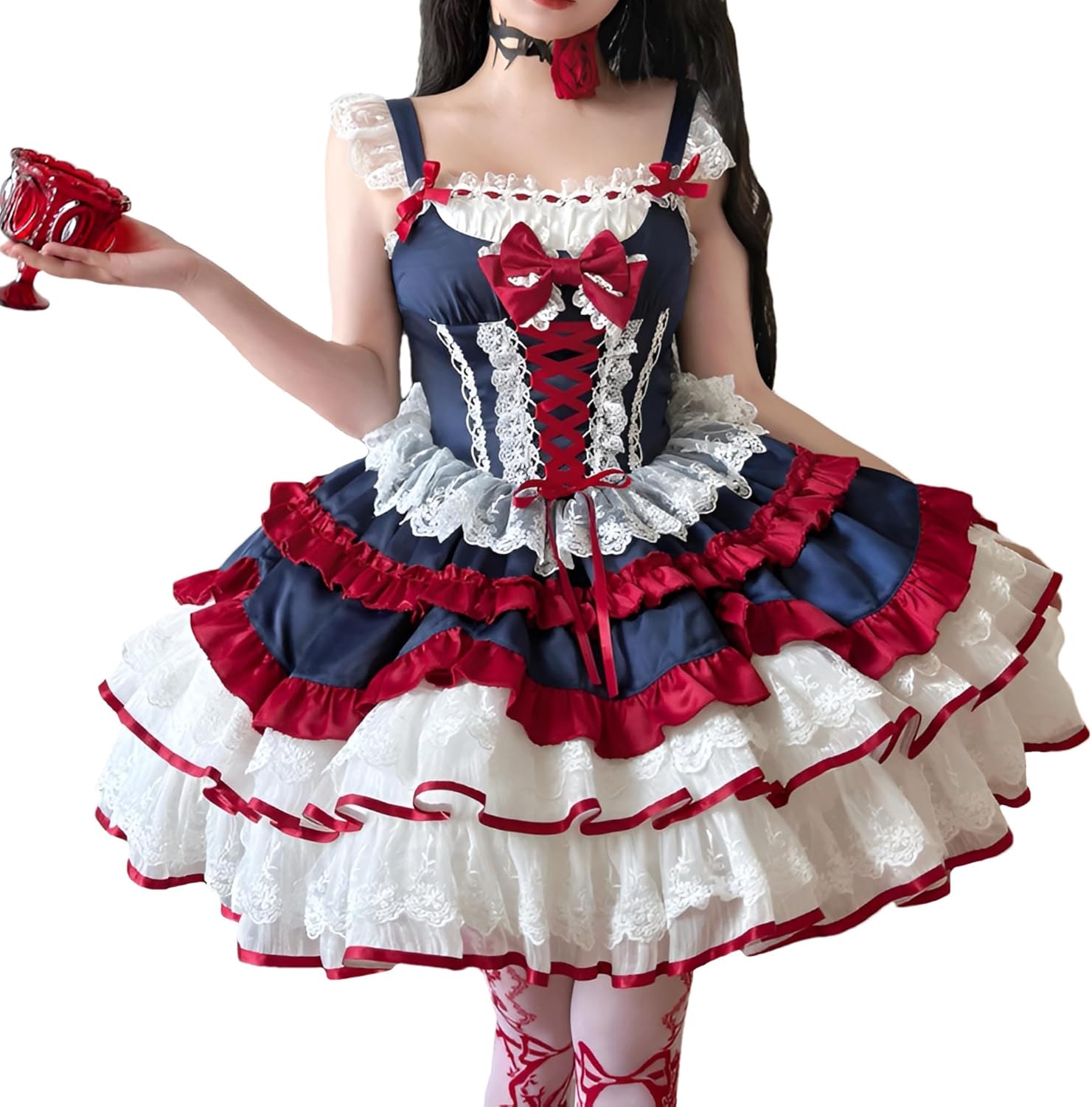 Lolita Sleeveless Dress Teens Cute Lace Tiered Ruffle Cocktail Princess Halloween Cosplay Party Juniors Dresses