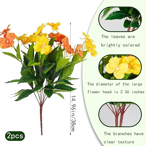 Miniatura 8 de 2 piezas de flores artificiales de impatiens para exteriores, arbustos de impatiens sintéticos, flores de seda blanca, ramo de impatiens