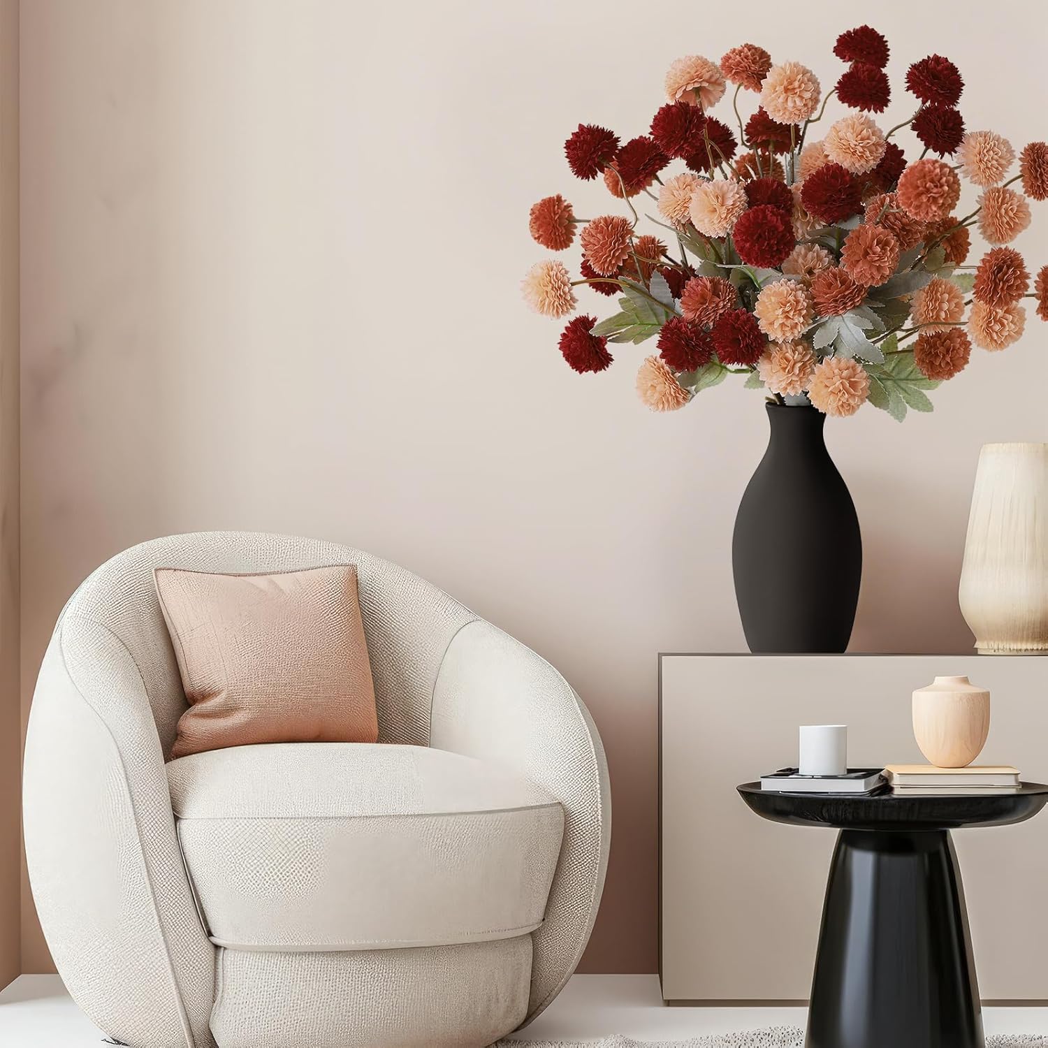 12 Pcs Faux Kiku Flower Artificial Pom Pom Mums Fake Small Chrysanthemum Ball Silk Flowers Floral Picks Kiku Stems for Fall Vase Table Centerpieces Wedding DIY Bouquet Decor(Sunset Blaze) - Image 3