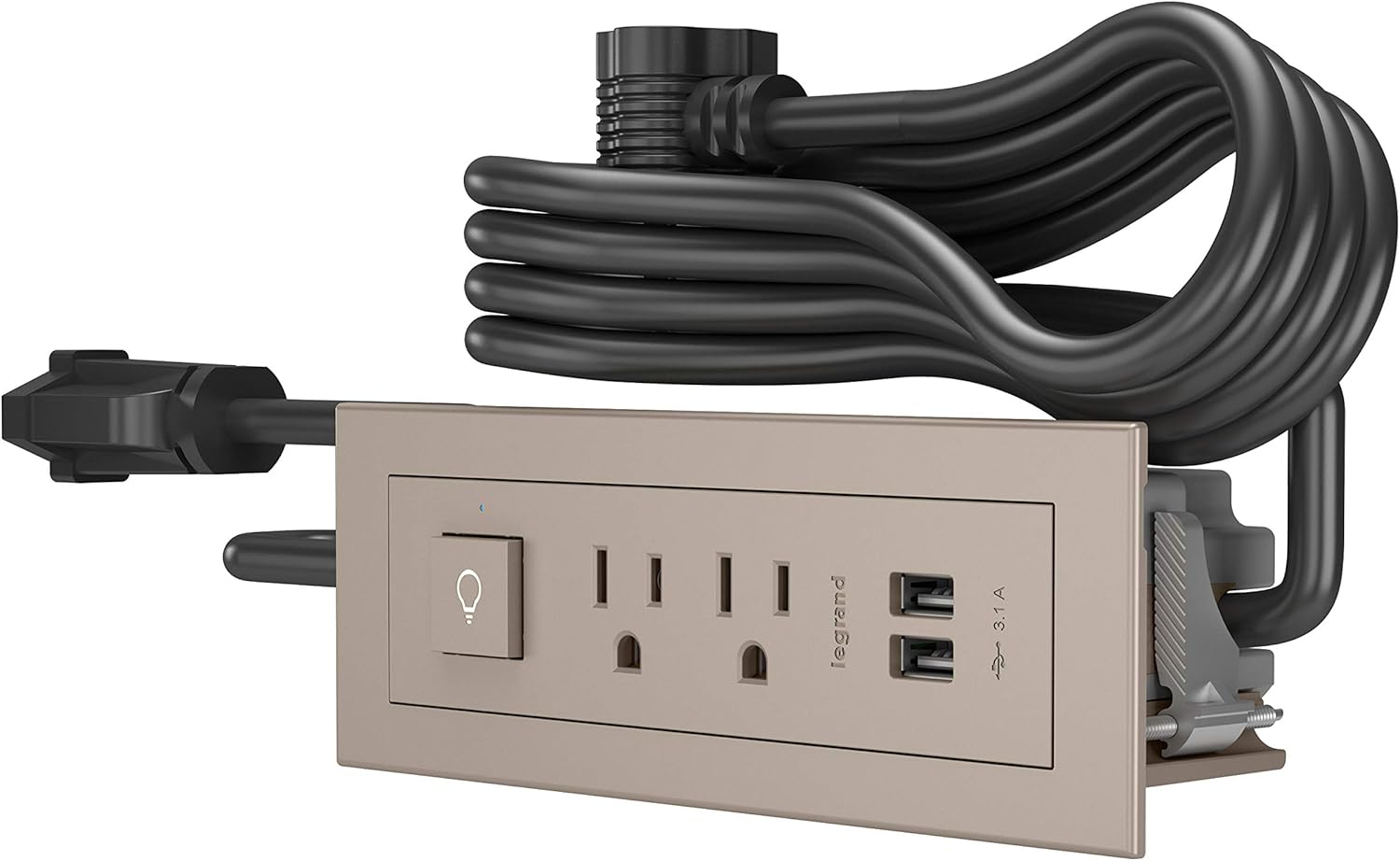 Legrand Wiremold RDSZNI10 radiant Furniture Power Center with USB and Switch, Recessed Power Strip, 2 Outlets, Type A USB, 10 Foot Cord, Nickel