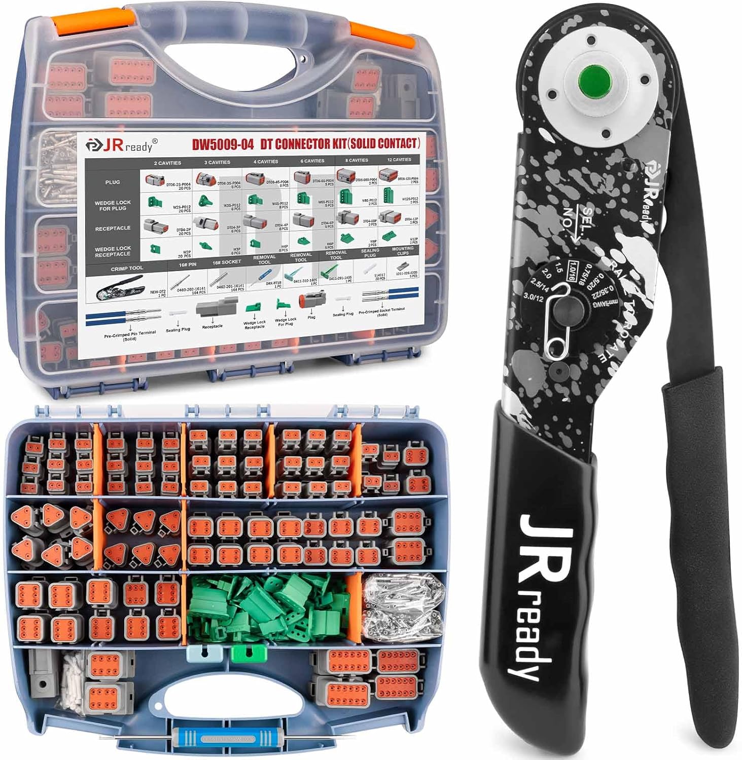 JRready DW5009-04 Deutch Connector Kit,2 Pin Connectors,3 4 6 8 12 Pin Waterproof Plug Connector with Automotive Solid&Close Barrel Contacts,DT DTM DTP DTHD Series Terminal Crimp Tool Size 12-22AWG