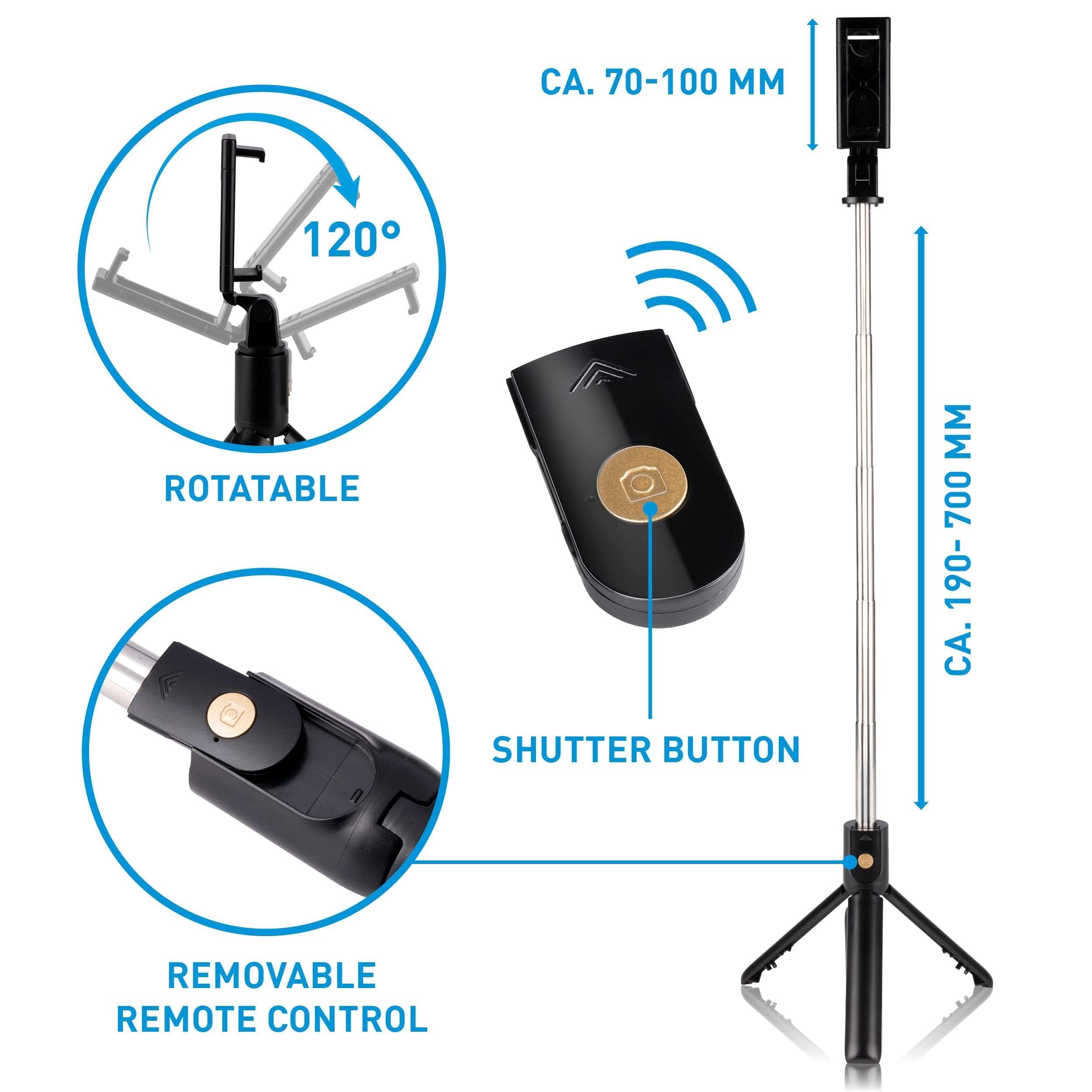 Grundig Kijek do selfie i statywu, statyw do smartfona, z pilotem zdalnego sterowania Bluetooth, smartfony od 58 do 100 mm, wysuwany od 19 do 70 cm, tworzywo sztuczne, czarny