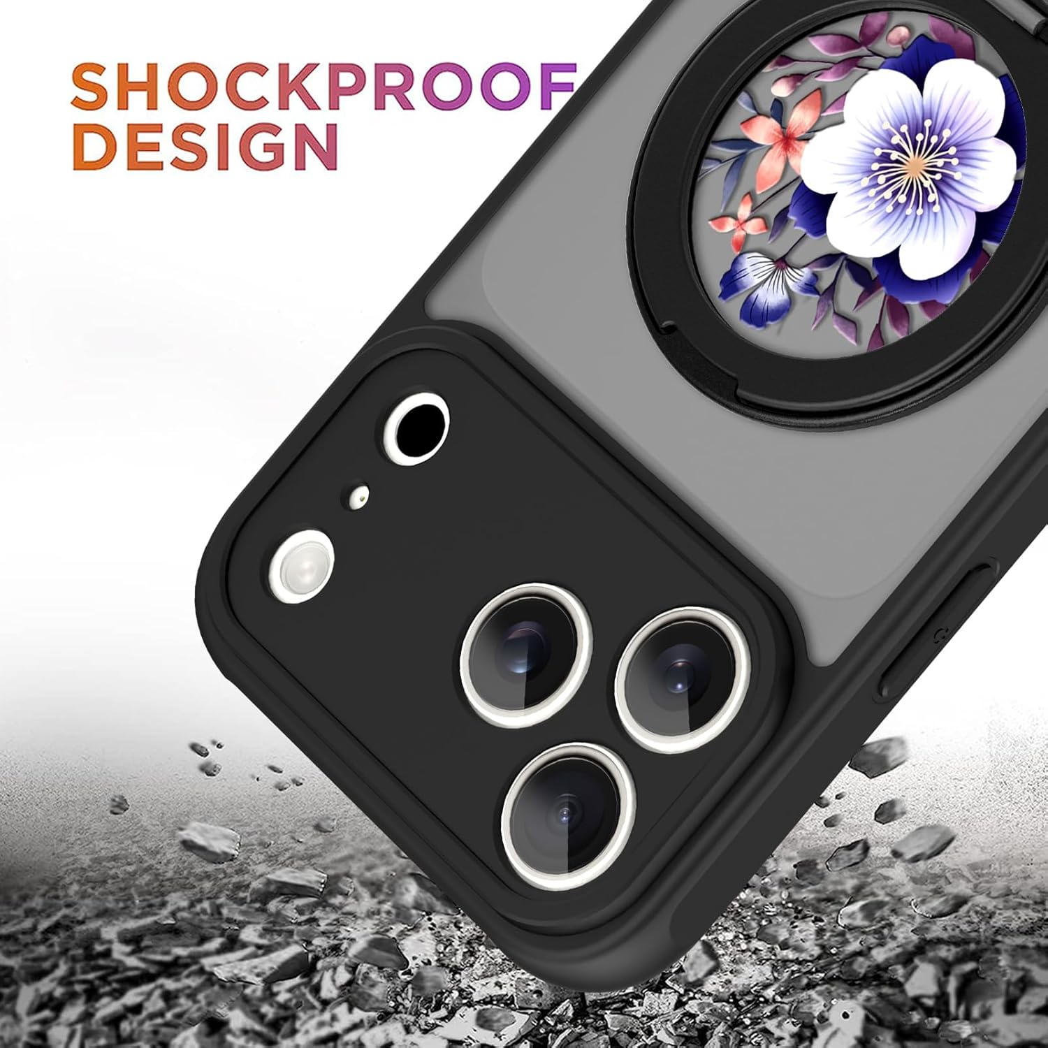 OOK for iPhone 17 Pro Max Case with Kickstand (6.9") [360° Spin Stand][Wireless Charge Compatible] Slim Translucent Matte Black Cover Cute Floral Design Camera Protection with Screen Protector