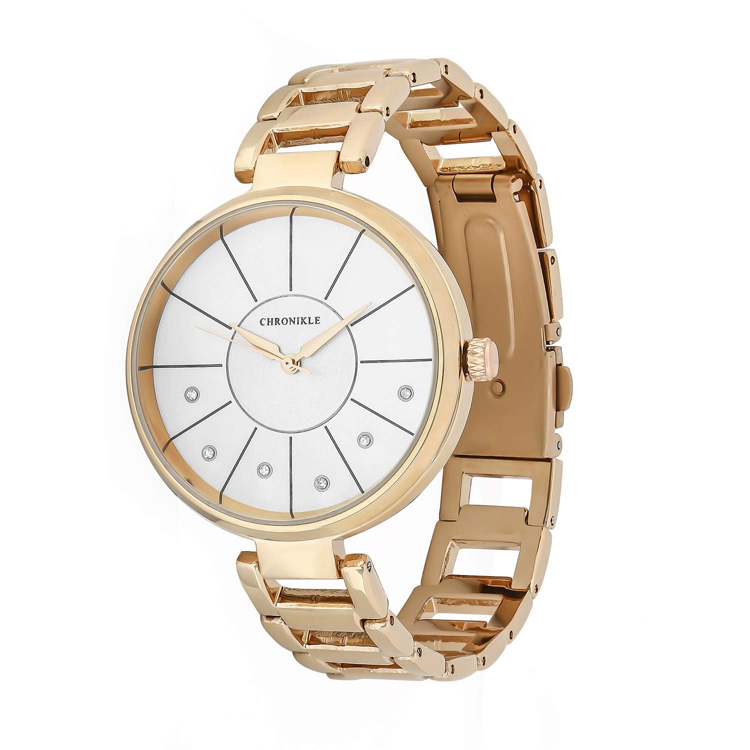CHRONIKLE Unique Womens Metal Chain Wrist Watch with Diamond Studded Stones On Dial (Dial Color: White | Band Color: Rose Gold) (B07MG5P821) Amazon Price History, Amazon Price Tracker