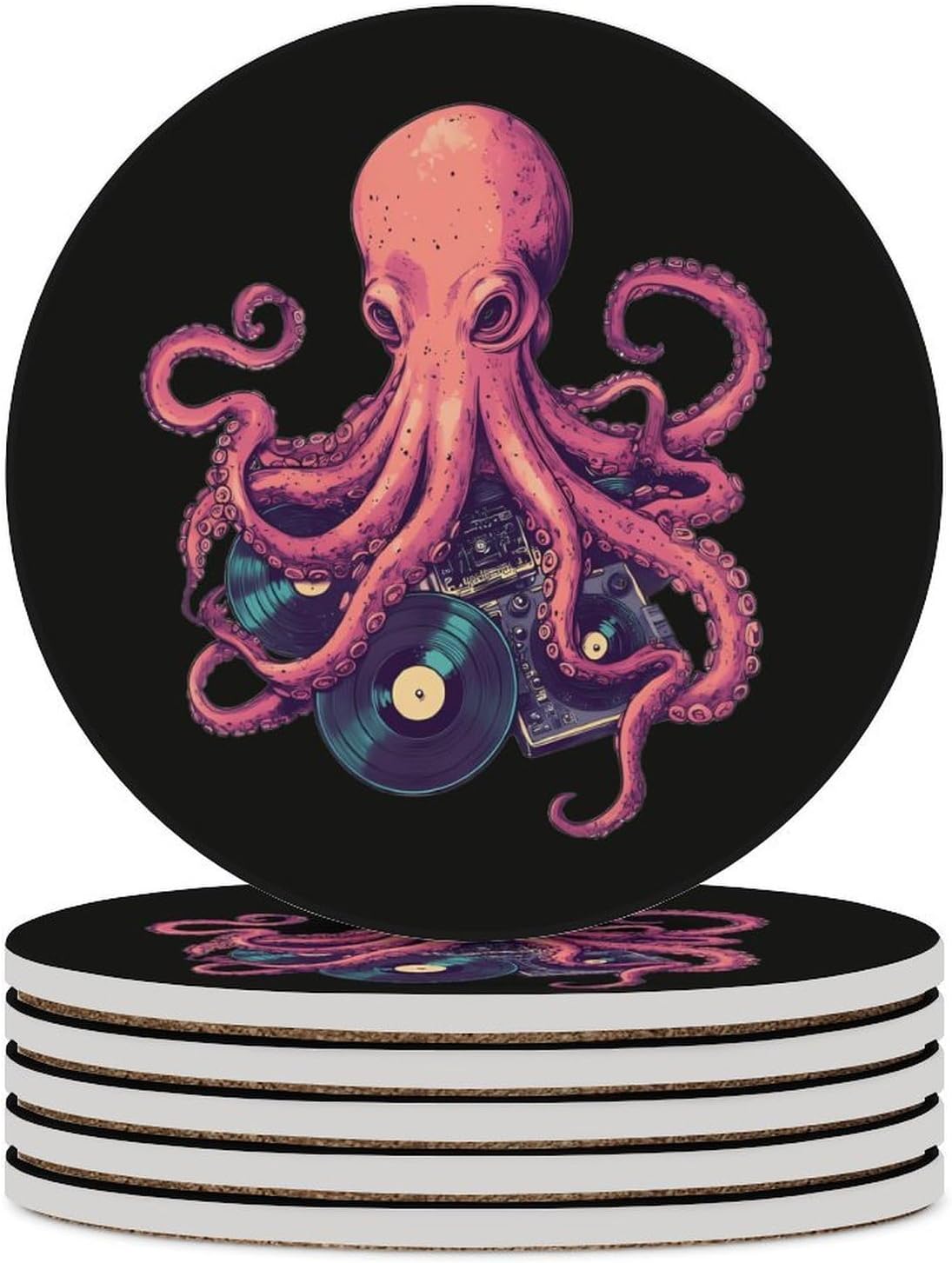 DJ Octopus Round Ceramic Coasters Print Drinks Absorbent with Cork Base for Home Decor Gifts 4 Inch