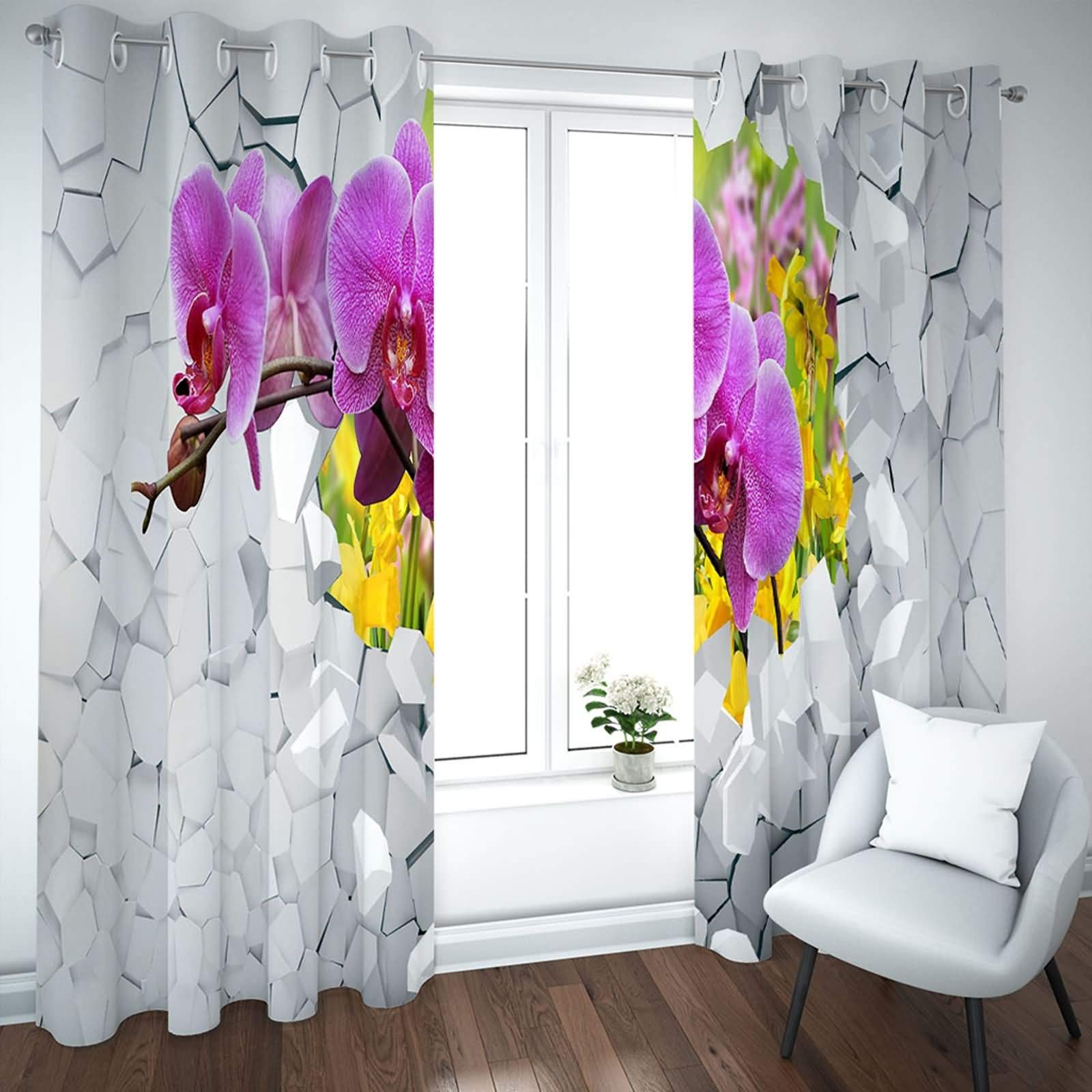 Zasłona zaciemniająca poliester zestaw 2 szt. 274 x 183 cm, firanki długie, nieprzejrzyste z oczkami, orchidea