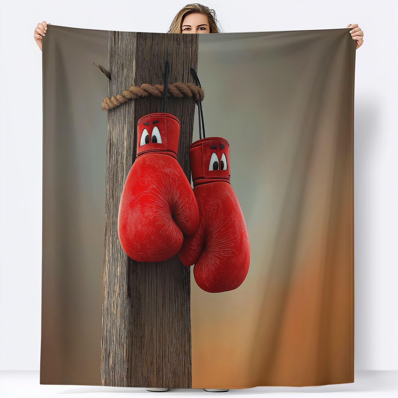 Podwójny koc polarowy 180 x 200 cm Czerwone rękawice bokserskie z kreskówek w kratę na sofę i łóżko, ciepły i miękki koc z polaru flanelowego, beżowy - do łóżek i mebli