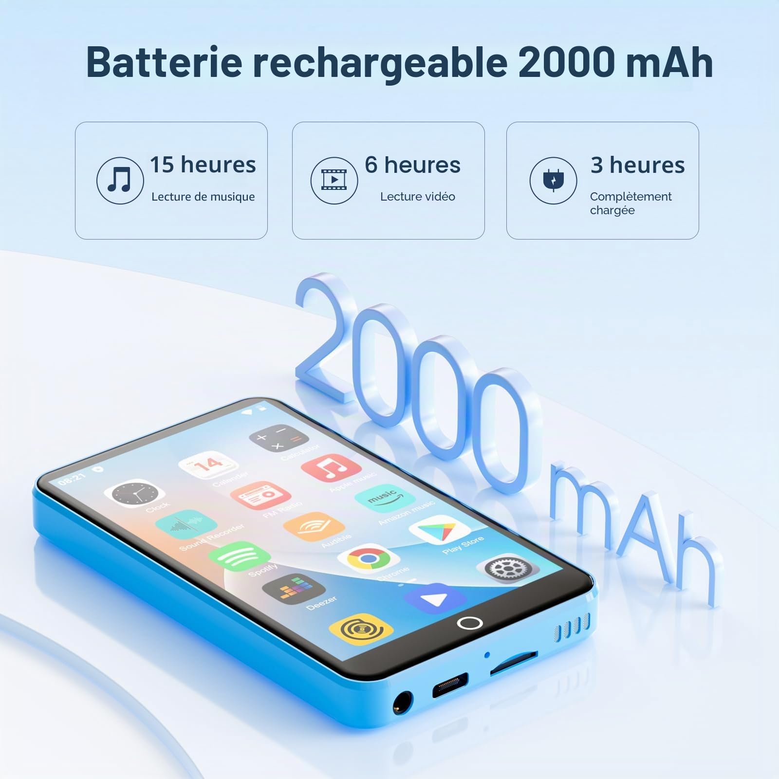 Oilsky Lecteur MP3 Bluetooth WiFi 80GB 4" 1080P Tactile Android 9.0 Portable Spotify Audible Deezer Bleu