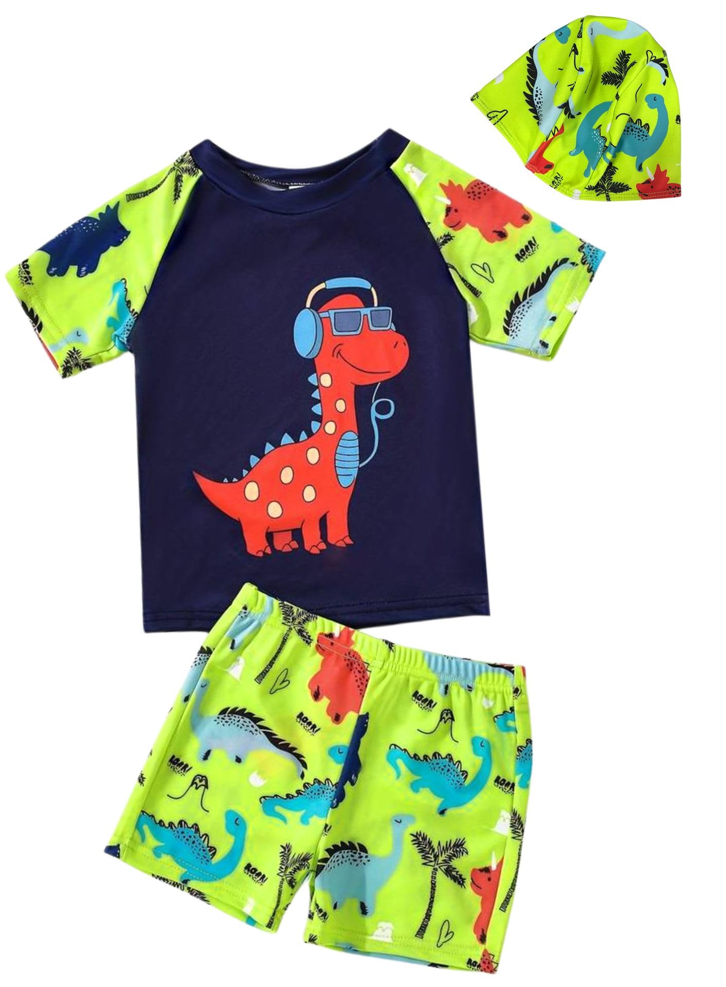 Toddler Boys Dinosaur Rashguard Swimsuit - Kids Short Sleeve Shirt Trunks Swimwear Bathing Suit with Hat 3Pcs Sets
