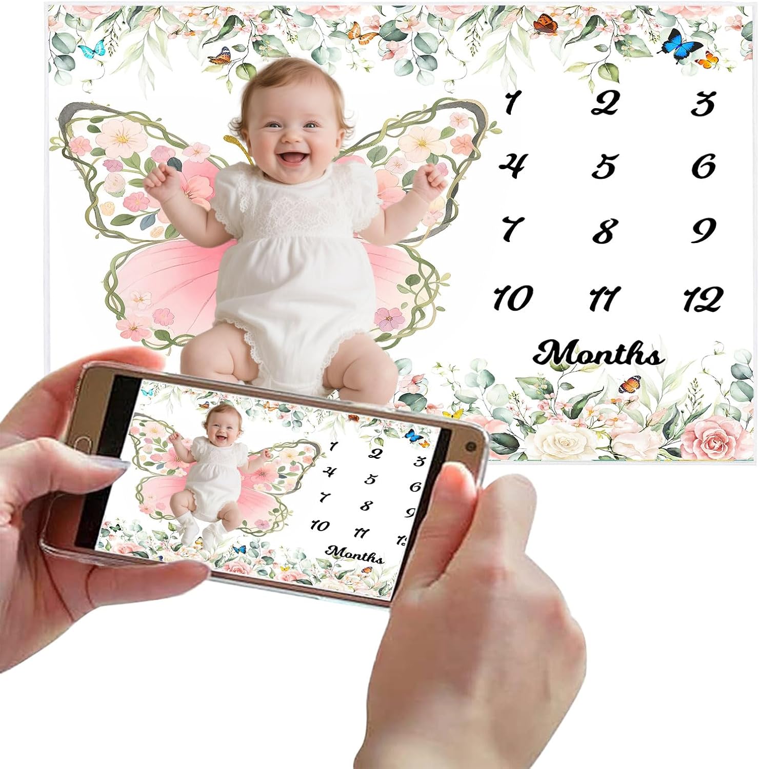 Floral Baby Milestone Blanket for Baby Girls, Pink Butterfly Baby Monthly Milestone Blanket,Newborn Photography Props,Newborn Shower Gifts for Mom,Soft Flannel,60x40 inches