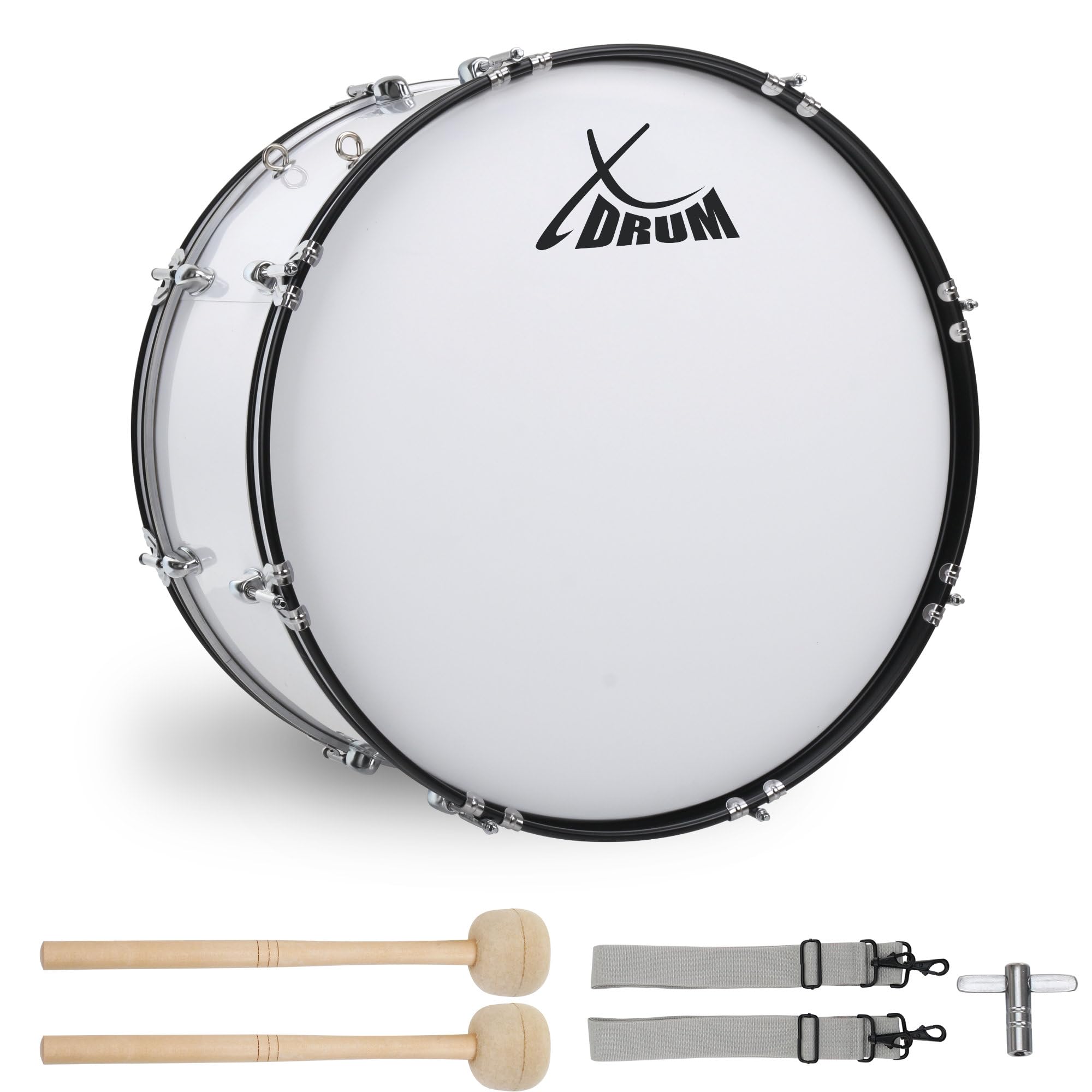 XDrum MBD-224 Cassa da Marcia 24" x 12" - grande cassa da marcia - 8,5 kg - 4 occhielli di fissaggio - 8 viti di tensione per lato - incl. mazzuoli, tracolle e chiave di accordatura - bianco