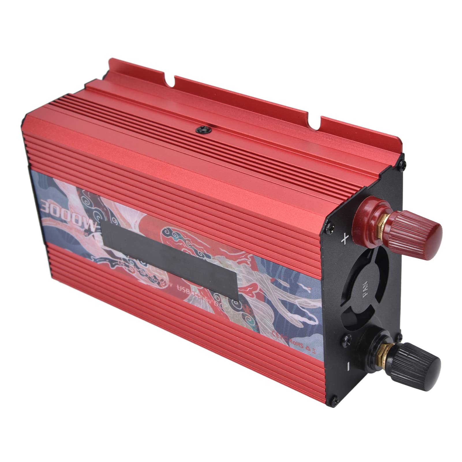 Wechselrichter, Stromrichter aus Aluminiumlegierung, 3000 W, Intelligenter Stromrichter mit Anzeige, DC12V-zu-AC220V-Wechselrichter für Haushaltsgeräte, Wohnmobile und Mehr (Rot)