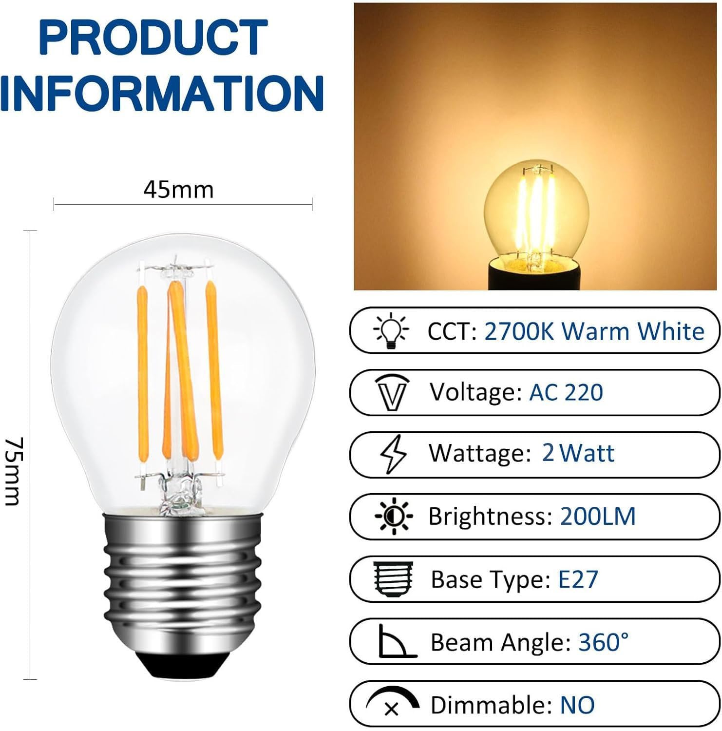 LED-Lampen, E27 G45 2W LED, AC 220V, 200LM, 5er, Glühlampe, Kugelbirnen, nicht dim(Warm White)
