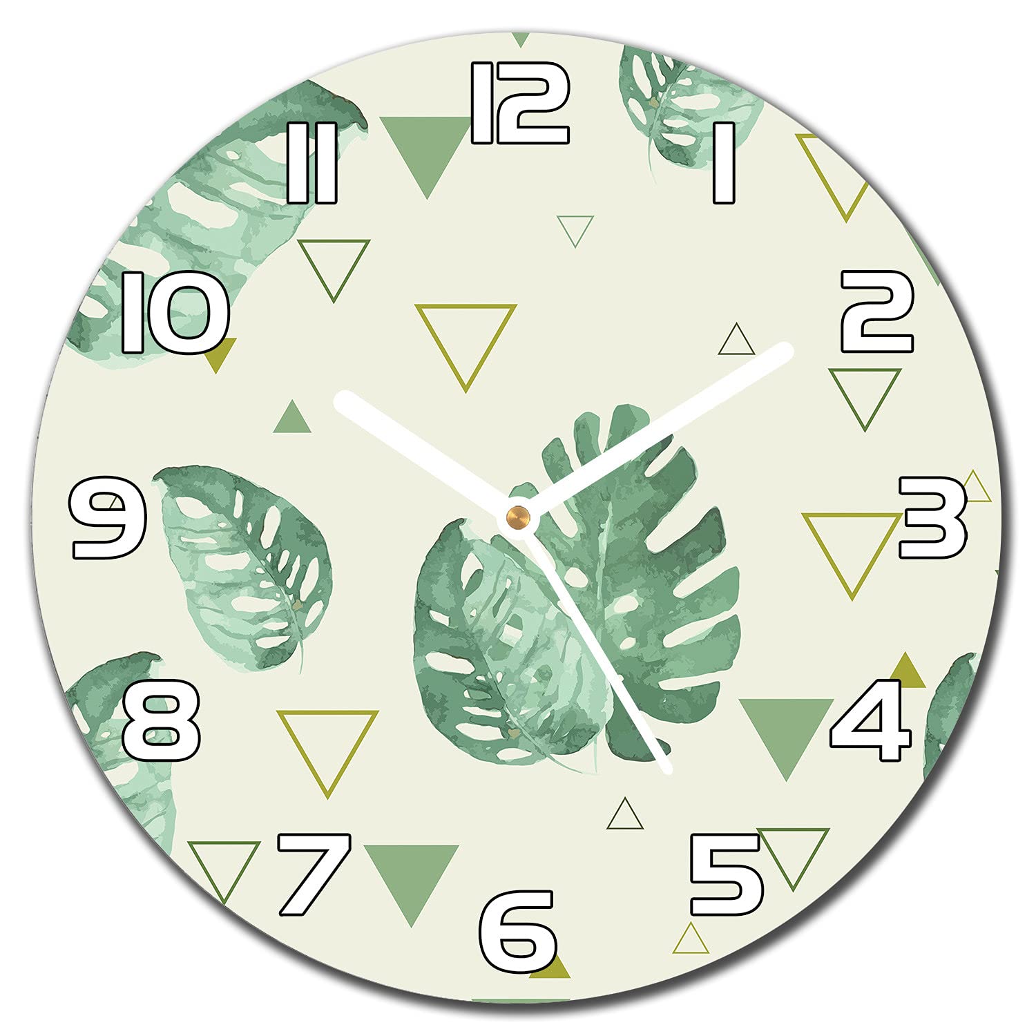 Horloge en verre 30 cm murale cuisine salon deco moderne triangles feuilles Monstera