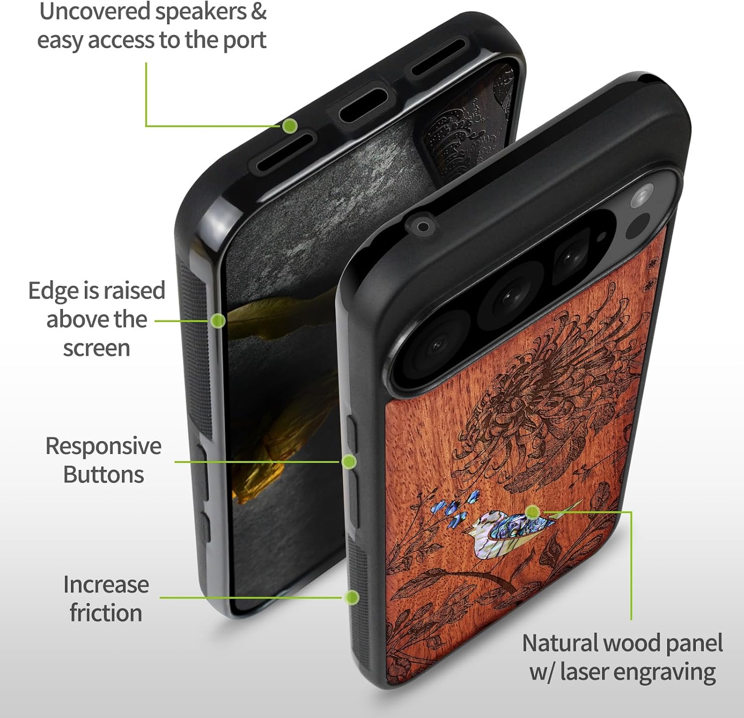 Carveit Magnetic Wooden Case for Pixel 10 / Pixel 10 Pro Case, Wood Artisan Engraved & Handmade Shell Inlaid, Compatible with MagSafe Wireless Chargers, Flowers and Bird - Rosy