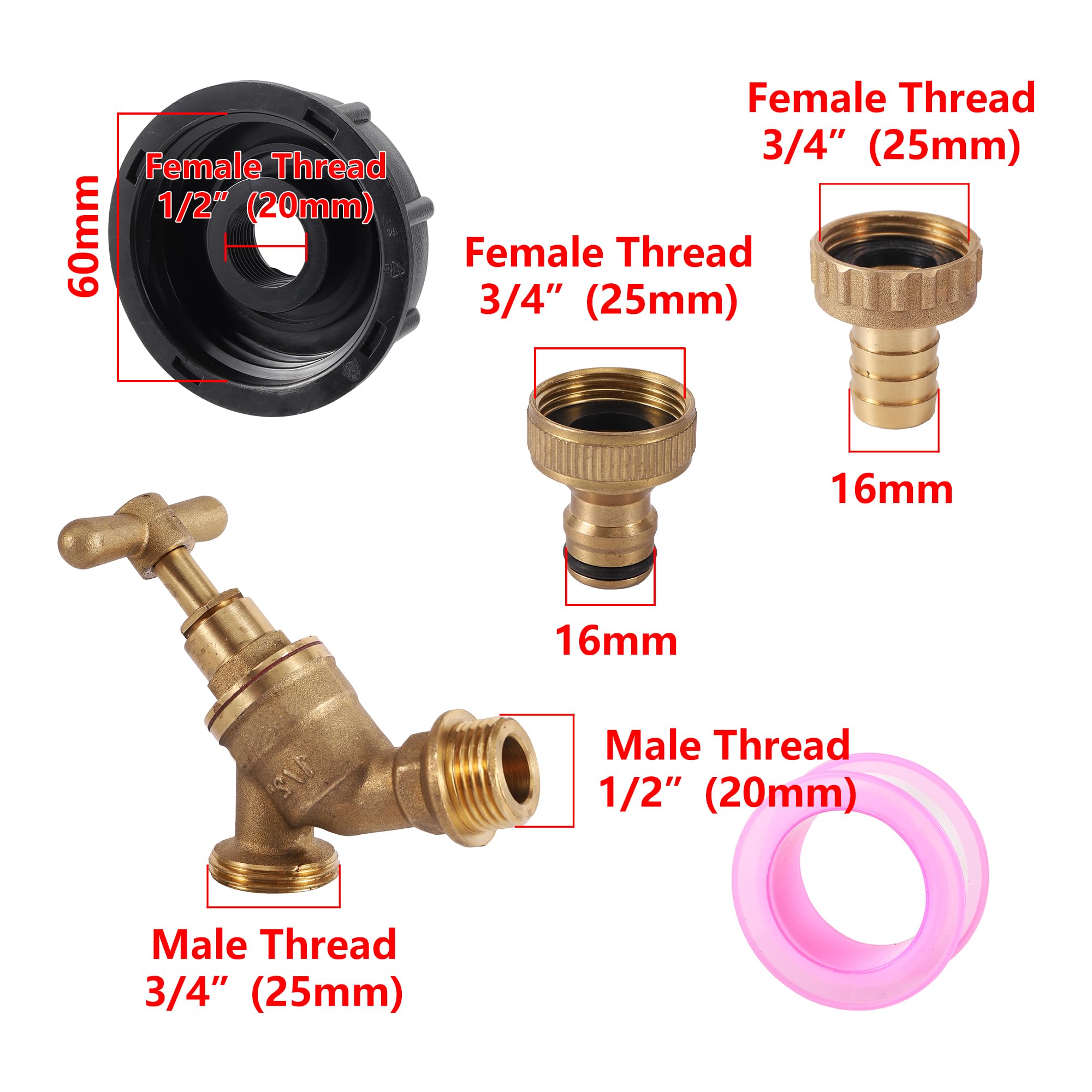 Mosiężny kran do zbiornika IBC S60X6, adapter G1/2", narzędzie zaworu z zaworem kulowym kranu węża ogrodowego(4293)