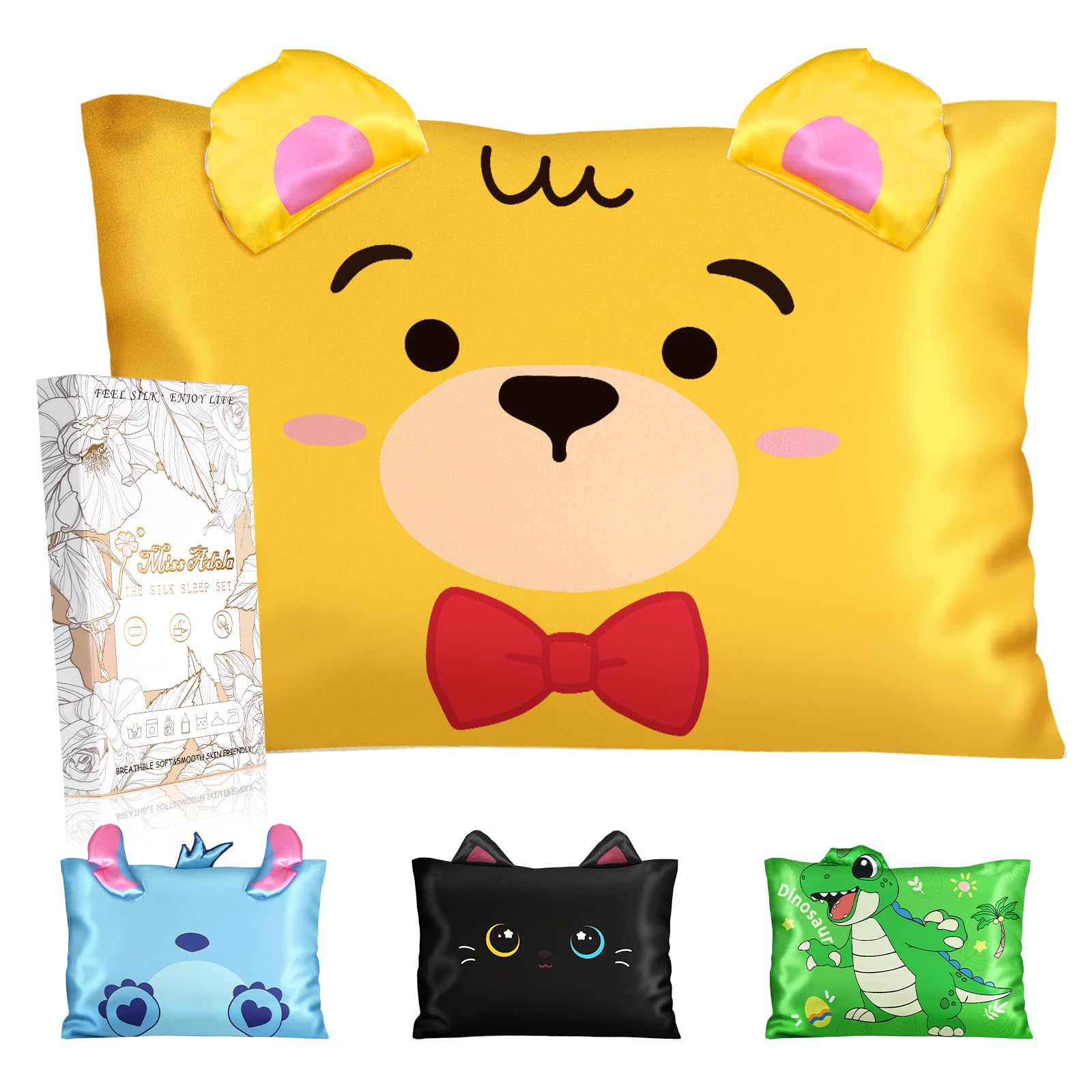 Miss Adola 1 Pack Kids Pillowcases Standard Size 20"x26" - Cute Cartoon Soft Breathable Silk Pillow Cases for Hair and Skin with Hidden Zipper for Girls Fun Kawaii Design for Bedding, Yellow Bear