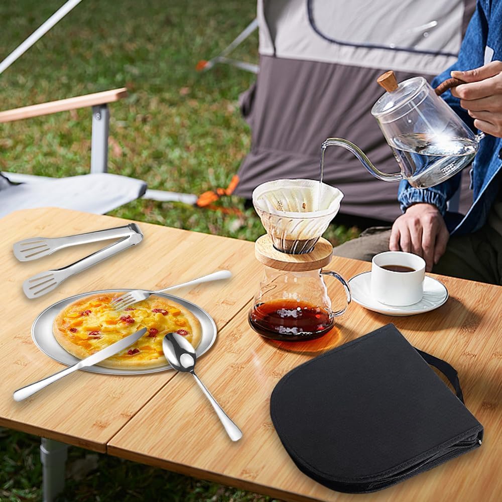 Set Vaisselle Camping 2 Personnes, 14 Pcs Couvert Camping INOX avec Fourchette Cuillère Couteau Assiette Serviette de Table, Kit Camping Vaisselle avec Sac, Set Pique Nique