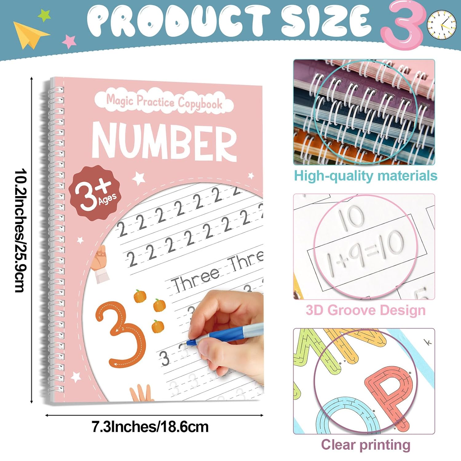 party greeting 6 Pieces Magic Grooved Writing Practice Copybook with Disappearing Ink Pens Reusable Grooved Handwriting Workbook Letter Tracing Books for Kids Kindergarten Preschool Supplies