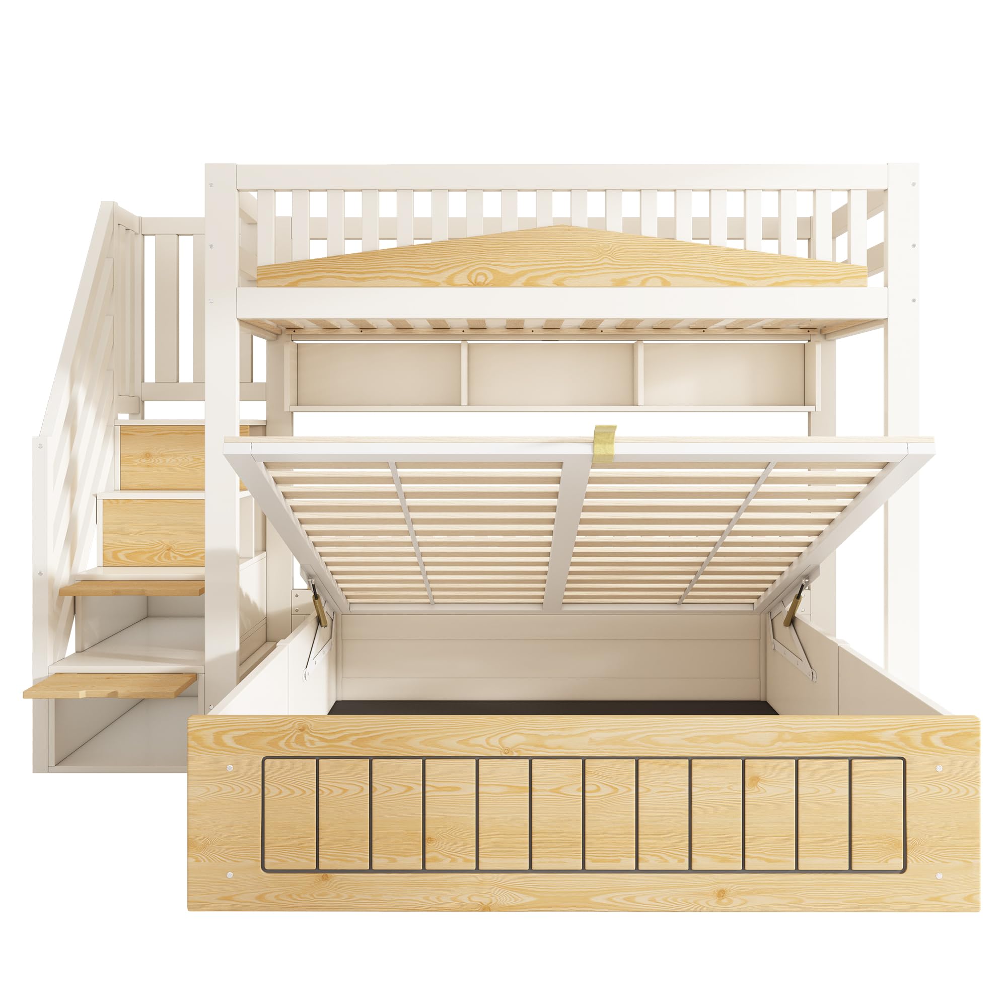 Letto a Castello per Bambini 90x200 e 140x200cm con Contenitore Idraulico, Porta USB-C, Scala di Stoccaggio e Mensole Sospese, Struttura del letto in Legno(Senza materasso)