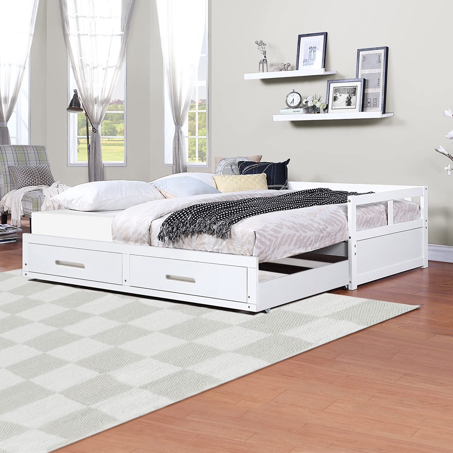 Azkoeesy Sofá Cama Extensible con 2 cajones, 200 x 90-180 cm, Convertible en Cama de Matrimonio, con somier y Espacio de almacenaje, Madera de Pino, Color Blanco, sin colchón