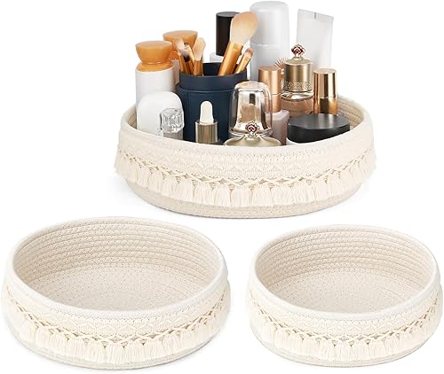 Miniatura 1 de Mkono 3 cestas de almacenamiento de macramé, cesta pequeña de cuerda de algodón para organizar decoración bohemia, organizador de maquillaje,
