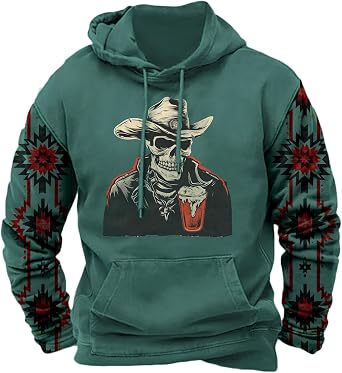 domirica Mens Trendy Aztec Cowboy Hoodie Fall Vintage Graphic Western Crewneck Sweatshirt Casual Outfits