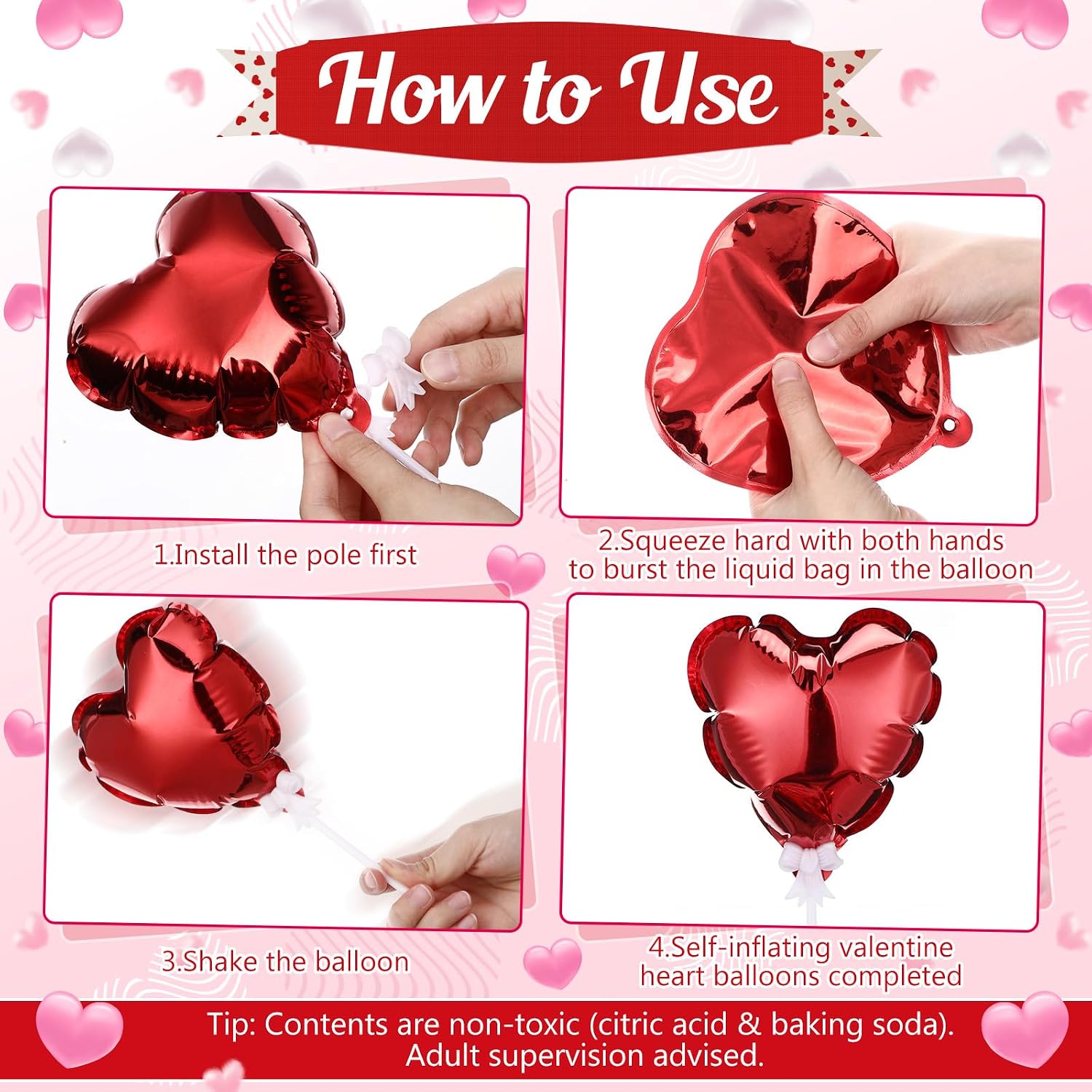 100 Pcs Mother's Day Self Inflatable Heart Balloons with Bow Stems Mini Heart Balloons Decoration for Mother's Day Wedding Anniversary Party Supplies Cake Toppers(Red,6 Inch)