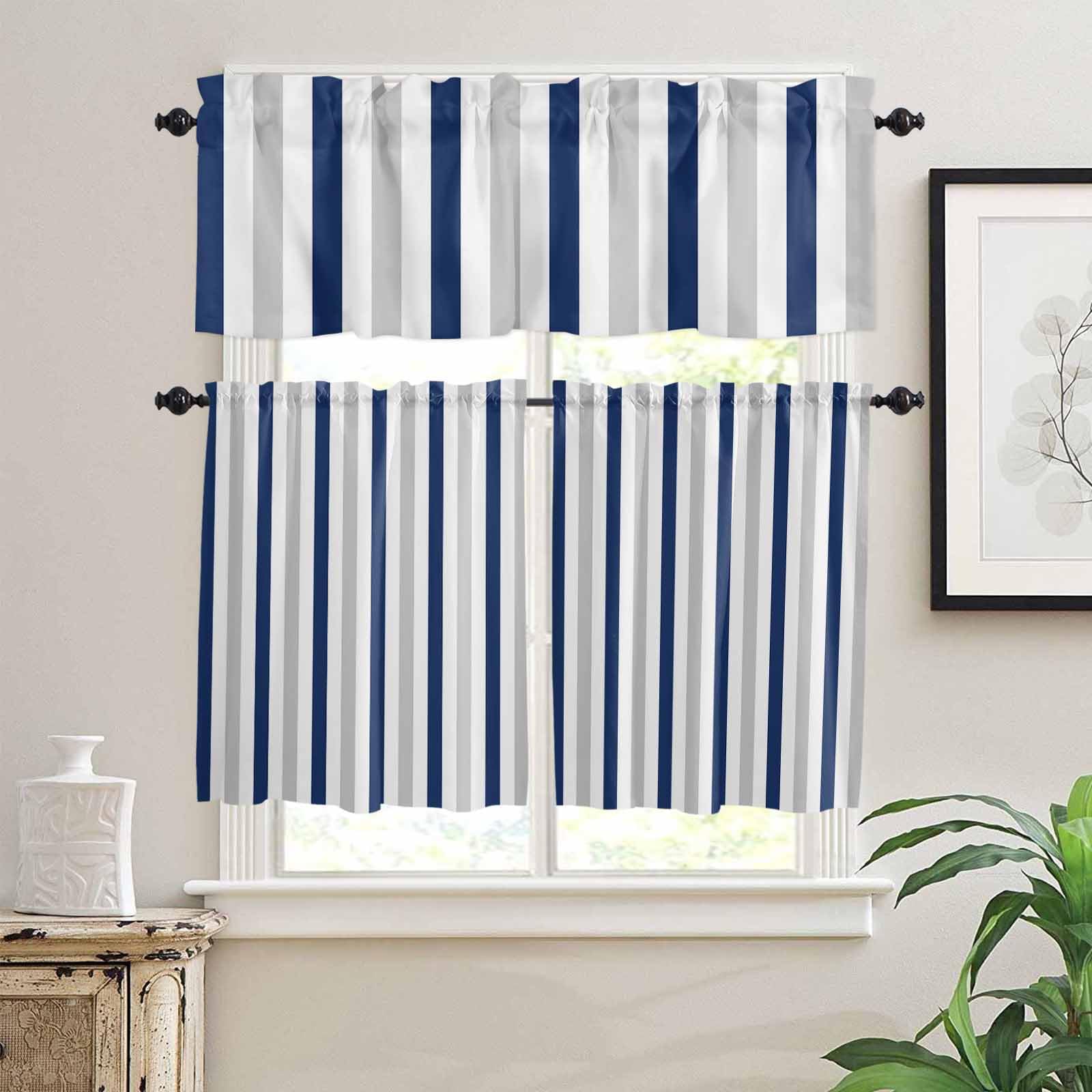 Navy Blue Stripe Kitchen Curtains 36 Inch Length,3 Piece Rod Pocket Small Half Tiers and Valance Set,Geometric Grey White Vertical Striped Small Large Window Treatment Decor for Bedroom/Bathroom Sink
