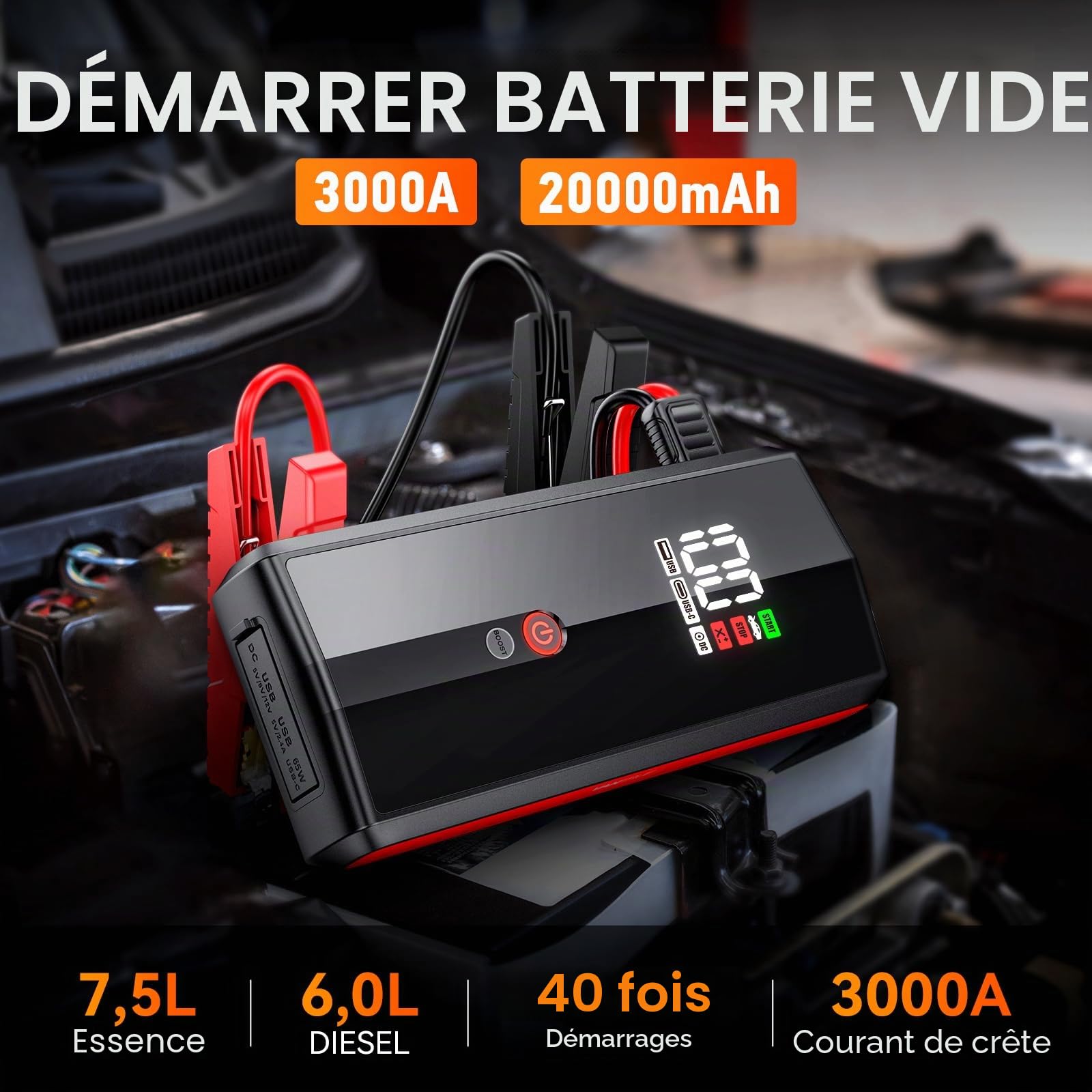 VANTRUE Bloc d'alimentation JS1, courant de crête 3000 A, 20 000 mAh, démarreur de voiture 12 V, écran LED et éclairage d'urgence, câble de batterie, gaz 7,5 l/diesel 6 L, charge rapide PD 65 W
