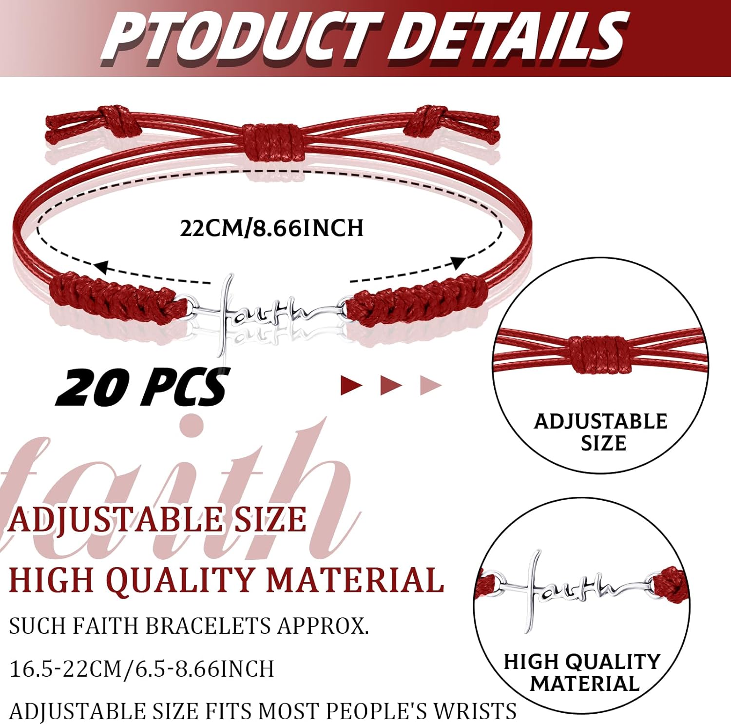 Rtteri 20 Pcs Faith Cross Bracelets Inspirational Birthday Jewelry Gifts Bulk Stainless Steel Hope Charm Adjustable Faith Bracelet Religious Gifts for Women Christian - Image 2