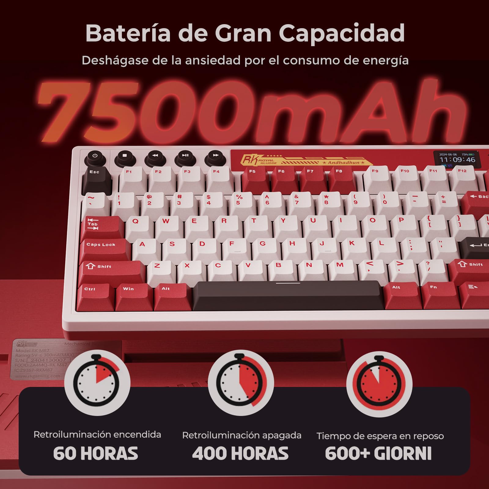 RK M87 Teclado US 75% Gasket BT/2.4G/USB-C Pantalla Dual Knob RGB Hot-Swap