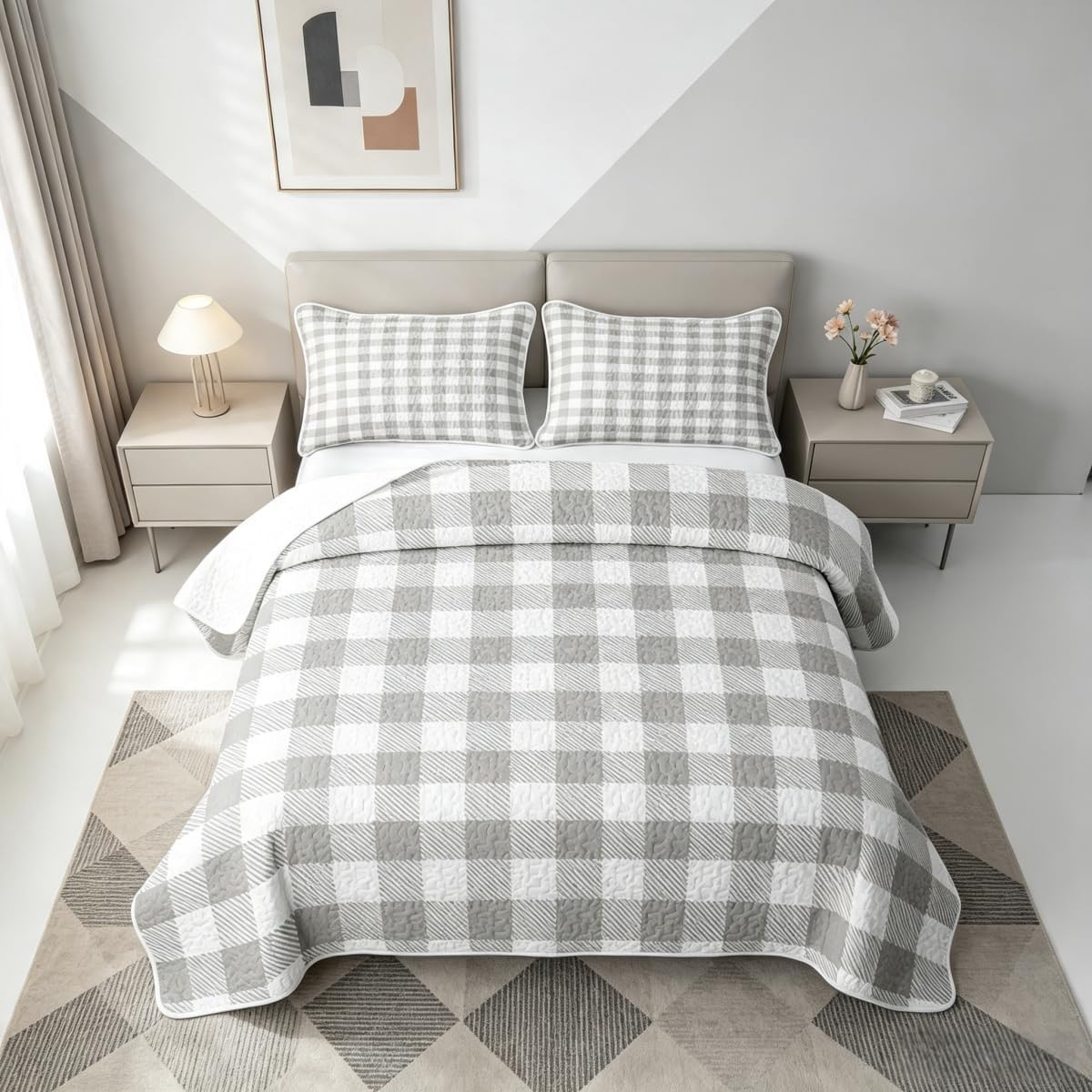 Erosebridal Pink White Check Quilt Twin Size,Geometric Quilt Set for All Season,Buffalo Plaid Coverlet with 1 Pillowcase,Girly Sweet Soft Bed Summer Lightweight Comforter