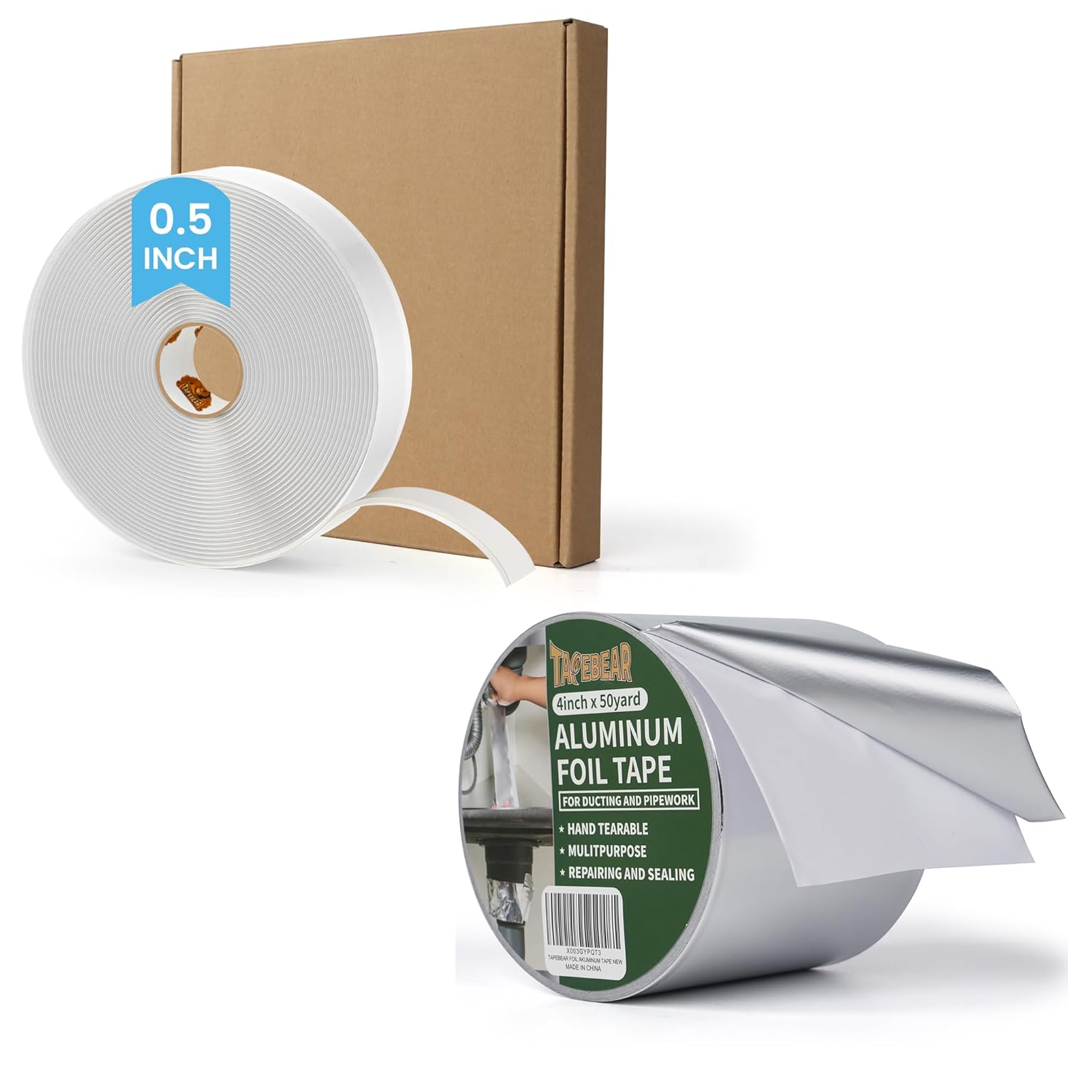 TAPEBEAR Butyl Tape White RV Tape Sealant 1/2" x 30' x 1/8" + Aluminum Foil Tape 4inch x 50yard