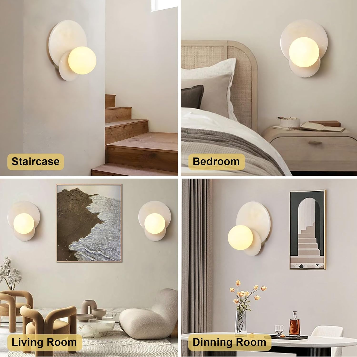 7.4" Alabaster Wall Sconce,Modern Marble Light Fixture with Glass Shade for Bathroom, Bedroom, Hallway (White, Hardwired)